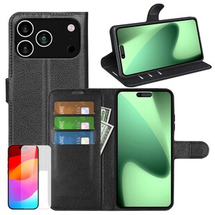 Für Apple iPhone 17 Pro Max Kunstleder Hülle Schwarz + 9H Hart Glas 