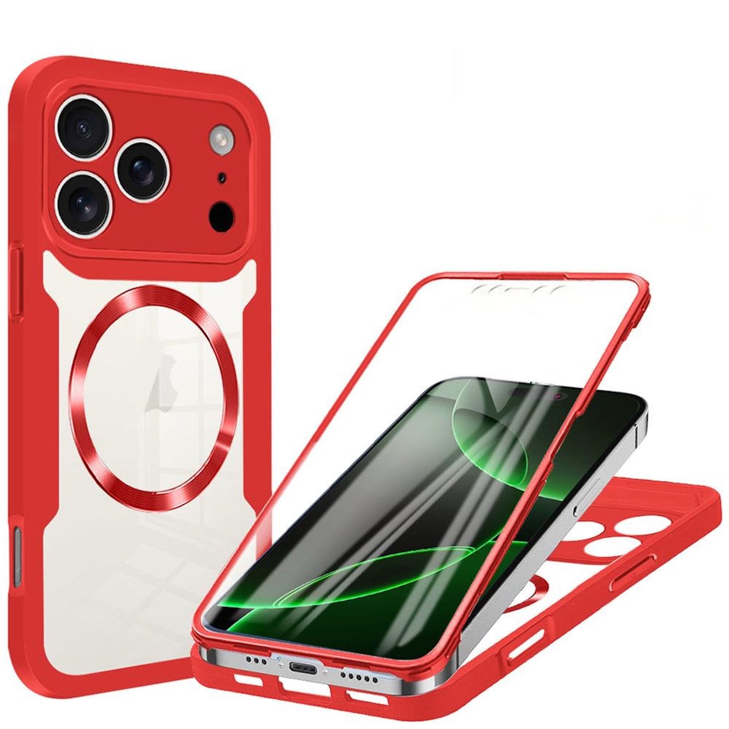 F&uuml;r Apple iPhone 17 Pro MagSafe Ring Full Body 360 Grad TPU H&uuml;lle Rot 
