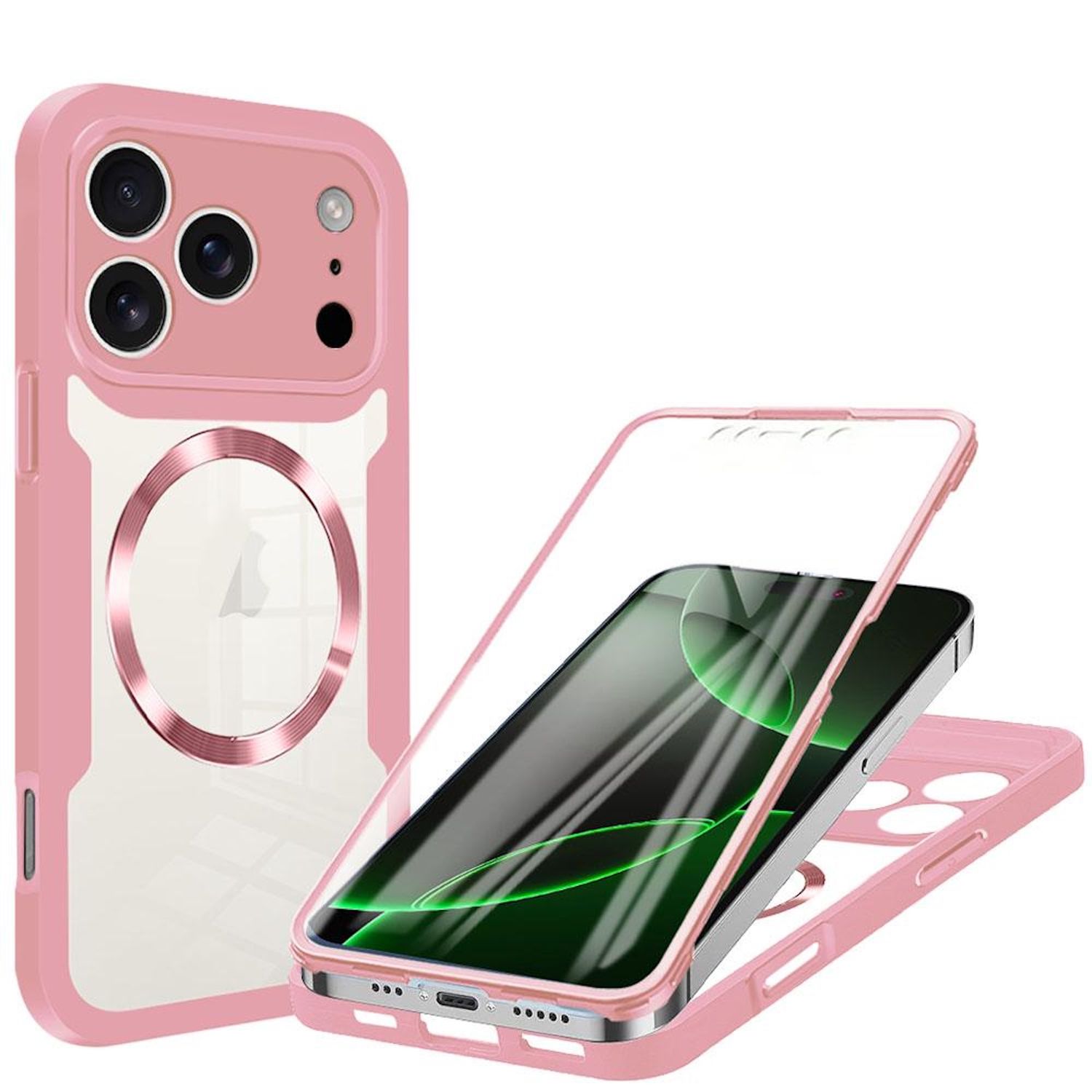 F&uuml;r Apple iPhone 17 Pro MagSafe Ring Full Body 360 Grad TPU H&uuml;lle Rosa 