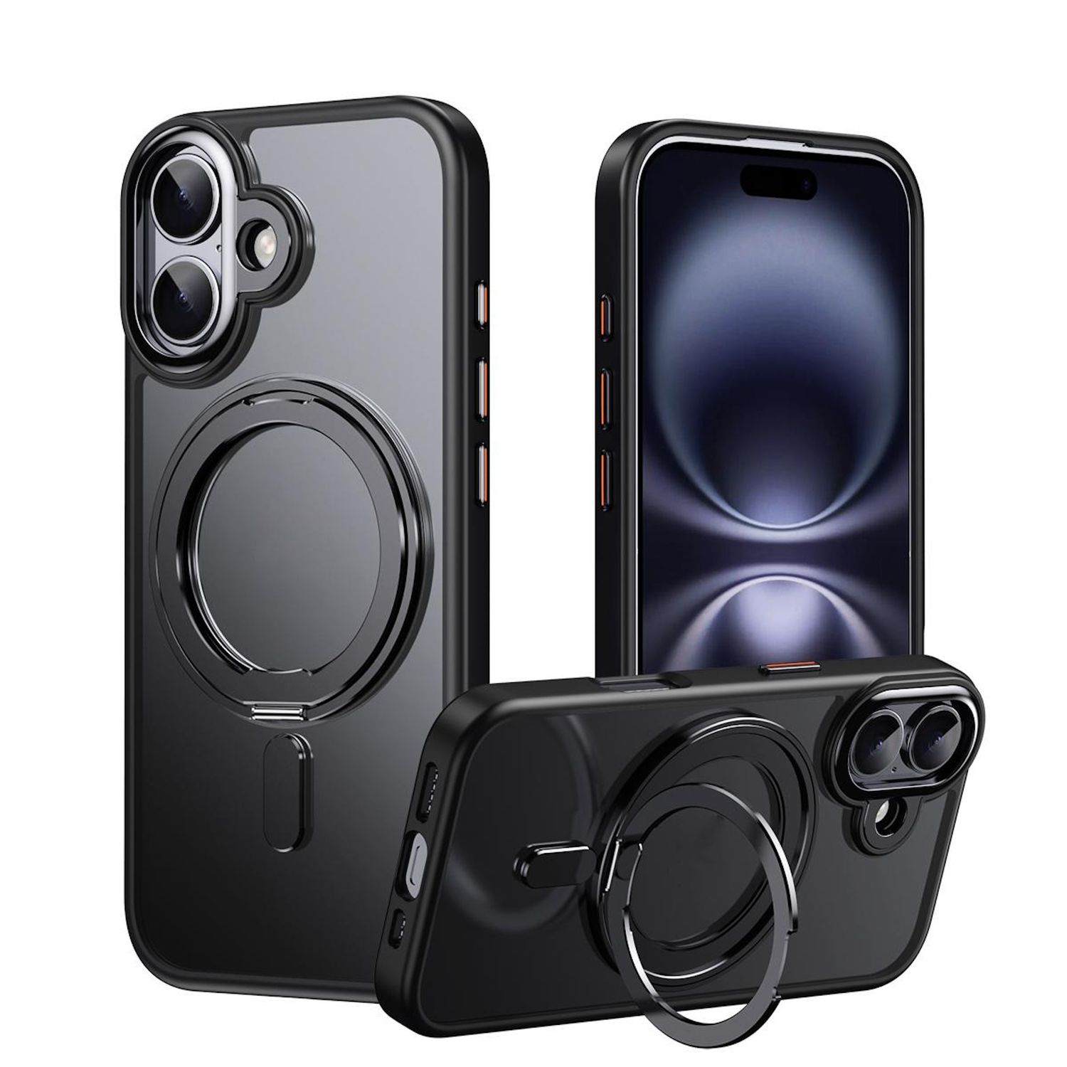 F&uuml;r Apple iPhone 17 Frosted 360 Ring MagSafe TPU + PC H&uuml;lle Schwarz 