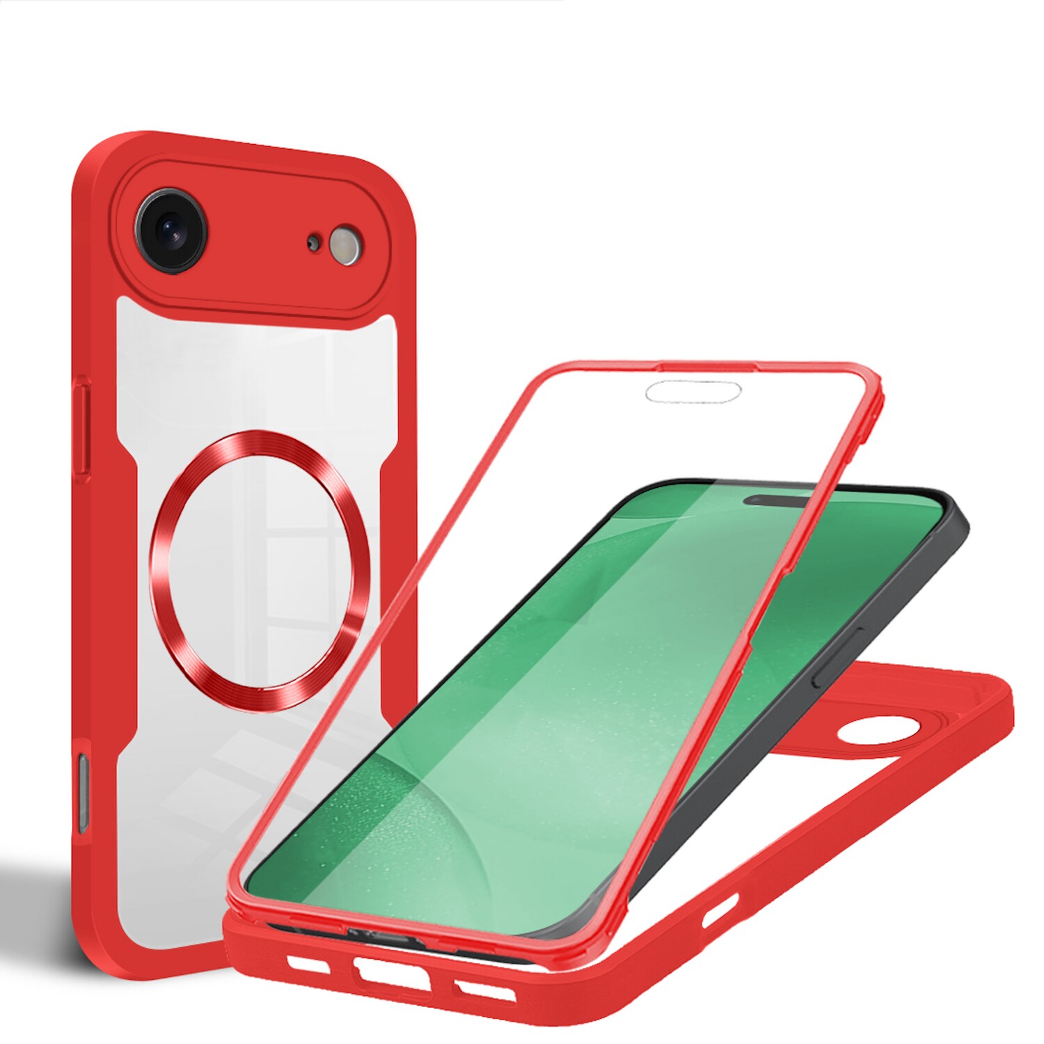 F&uuml;r Apple iPhone 17 Air MagSafe Ring Full Body 360 Grad TPU H&uuml;lle Rot 