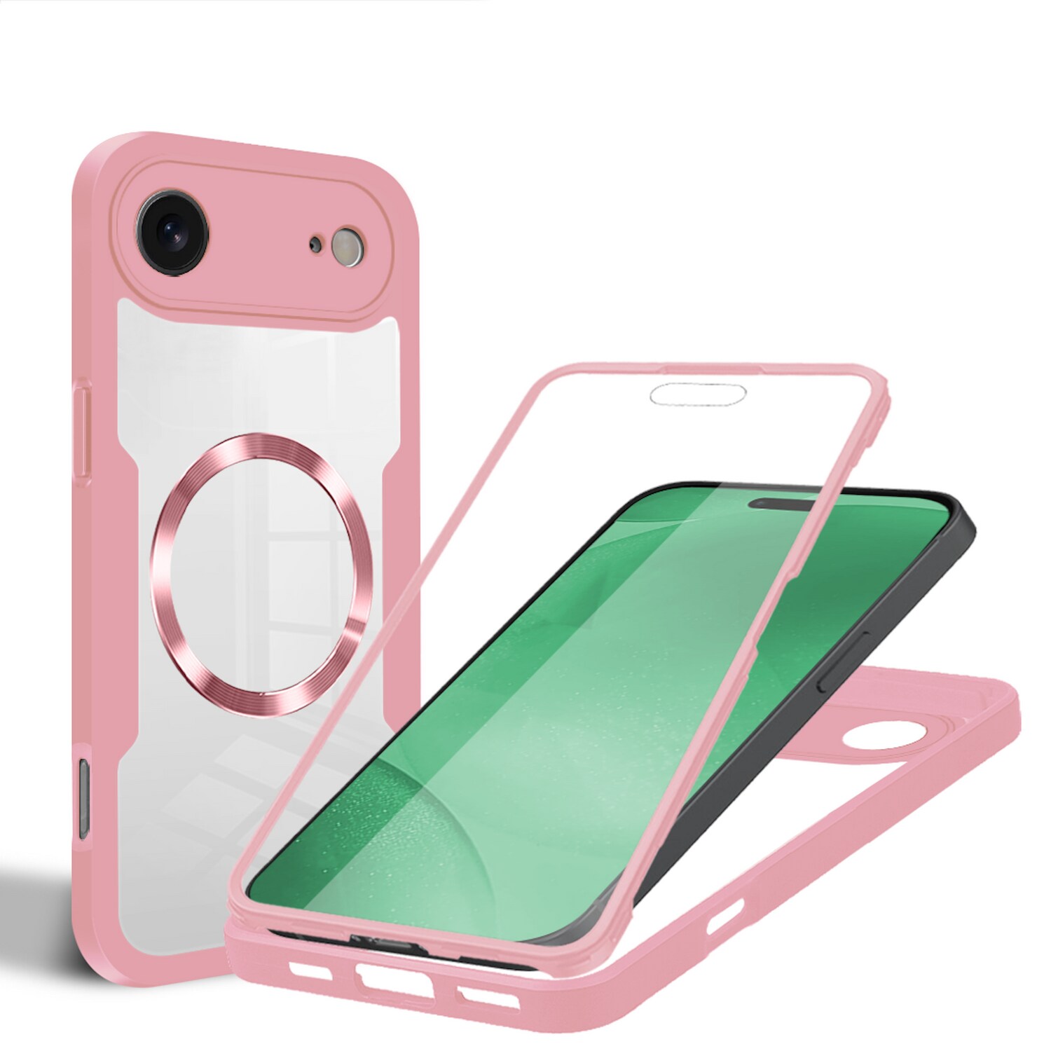 F&uuml;r Apple iPhone 17 Air MagSafe Ring Full Body 360 Grad TPU H&uuml;lle Rosa 