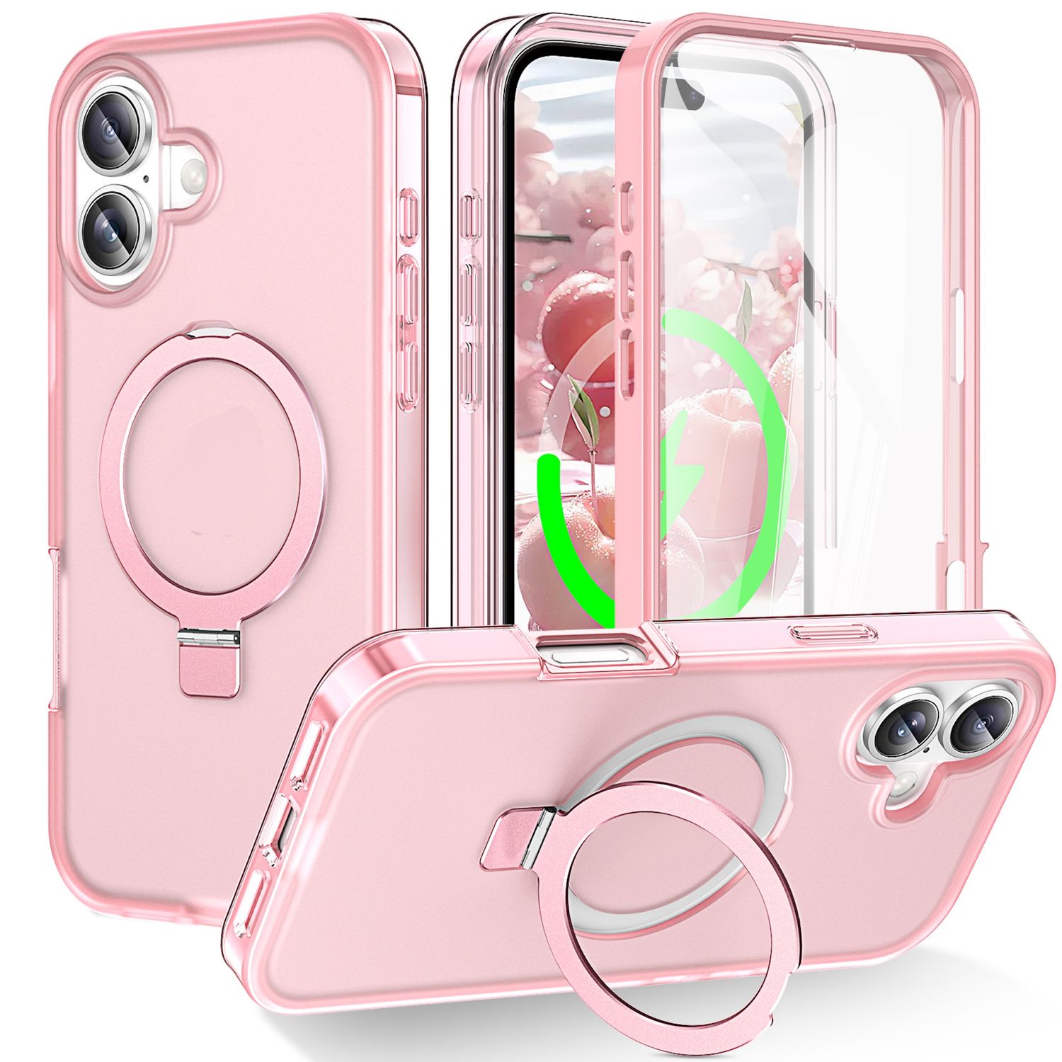 F&uuml;r Apple iPhone 17 Skin Feel MagSafe Ring Halter 360 Grad H&uuml;lle Rosa 