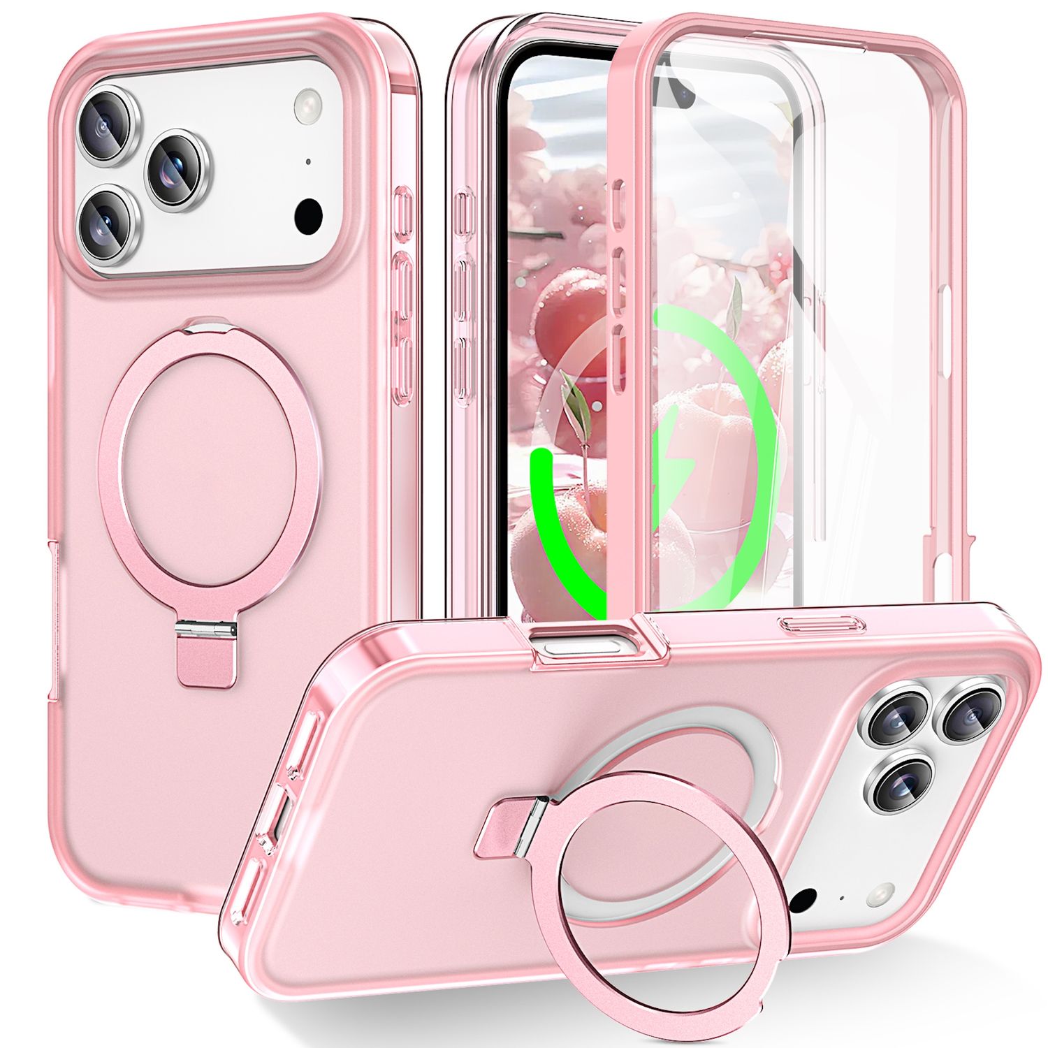F&uuml;r Apple iPhone 17 Pro Skin Feel MagSafe Ring Halter 360 H&uuml;lle Rosa 