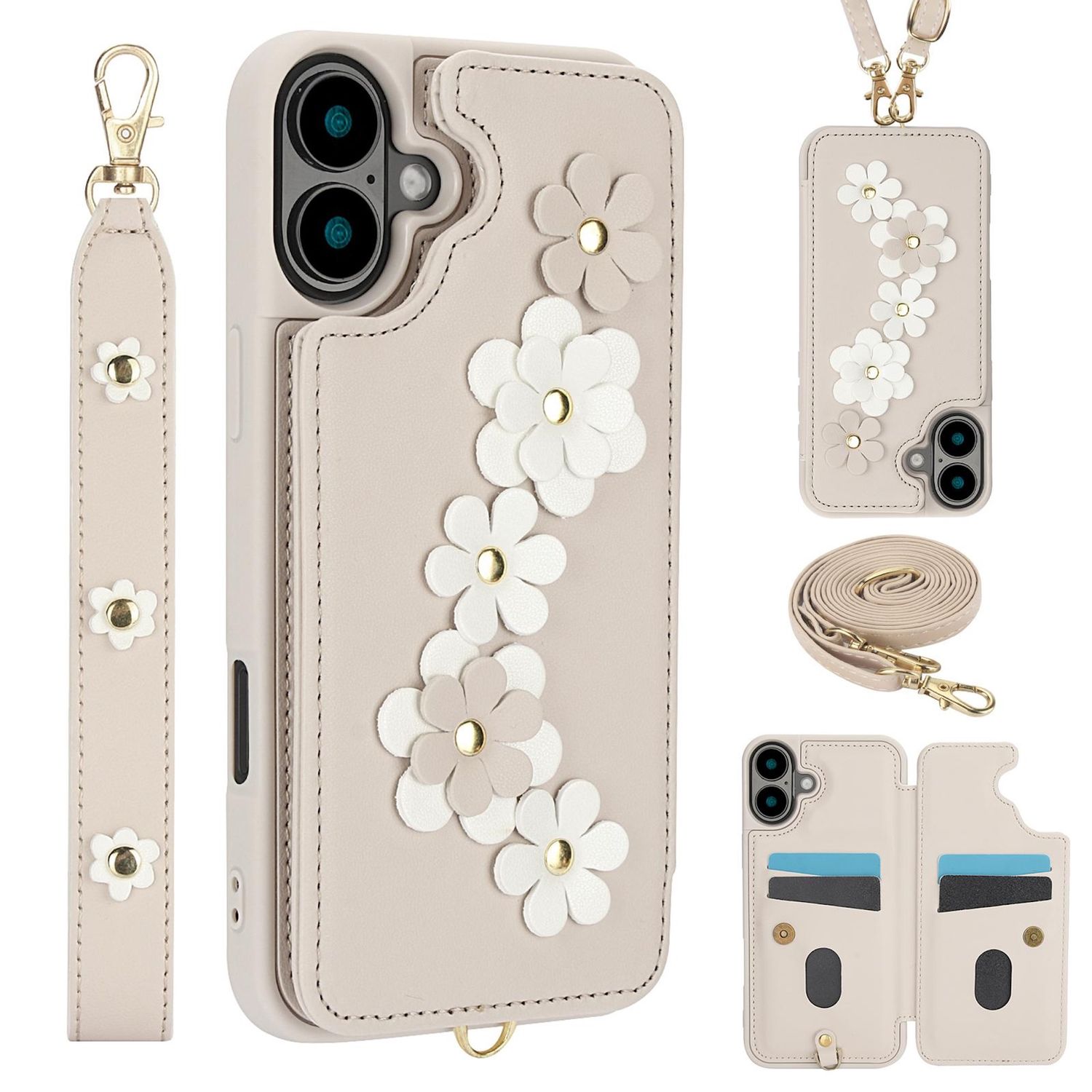 F&uuml;r Apple iPhone 17 H&uuml;lle Crossbody Kunstleder mit Blumenmuster Wei&szlig; 