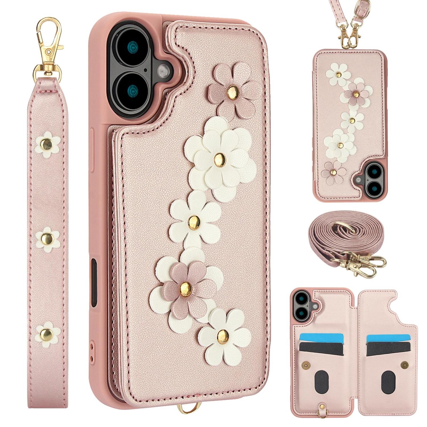 F&uuml;r Apple iPhone 17 H&uuml;lle Crossbody Kunstleder Blumenmuster Rose Gold 