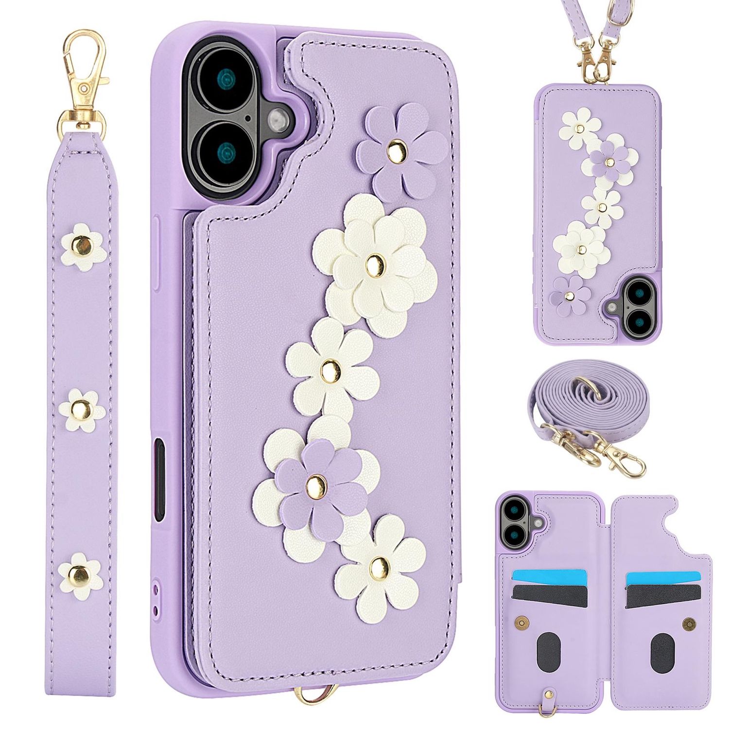 F&uuml;r Apple iPhone 17 H&uuml;lle Crossbody Kunstleder mit Blumenmuster Lila 