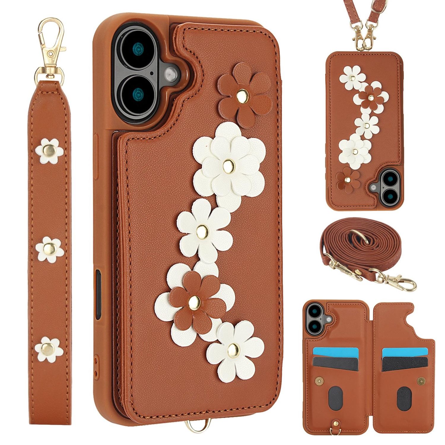 F&uuml;r Apple iPhone 17 H&uuml;lle Crossbody Kunstleder mit Blumenmuster Braun 