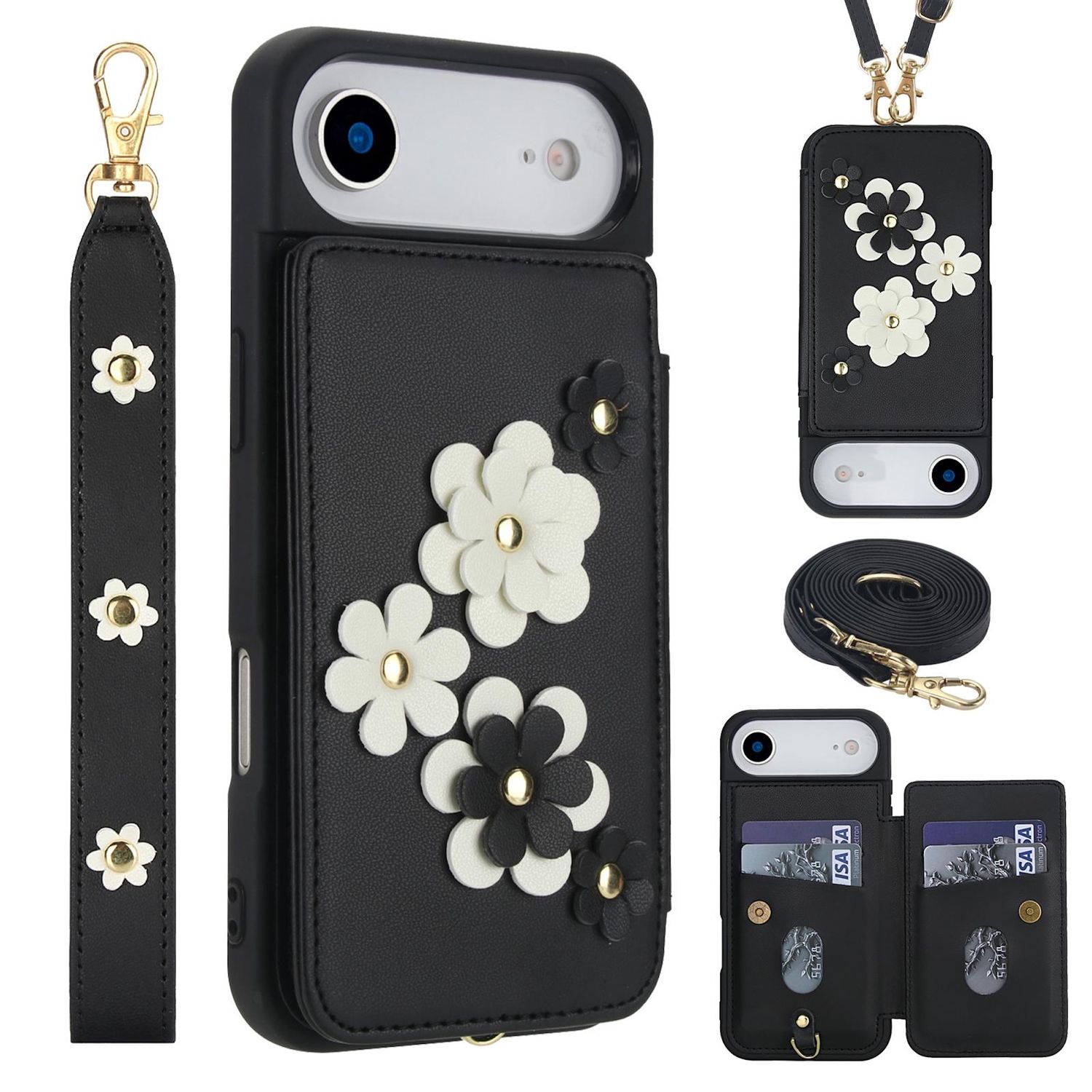 F&uuml;r Apple iPhone 17 Air Crossbody Kunstleder Blumen H&uuml;lle Schwarz 
