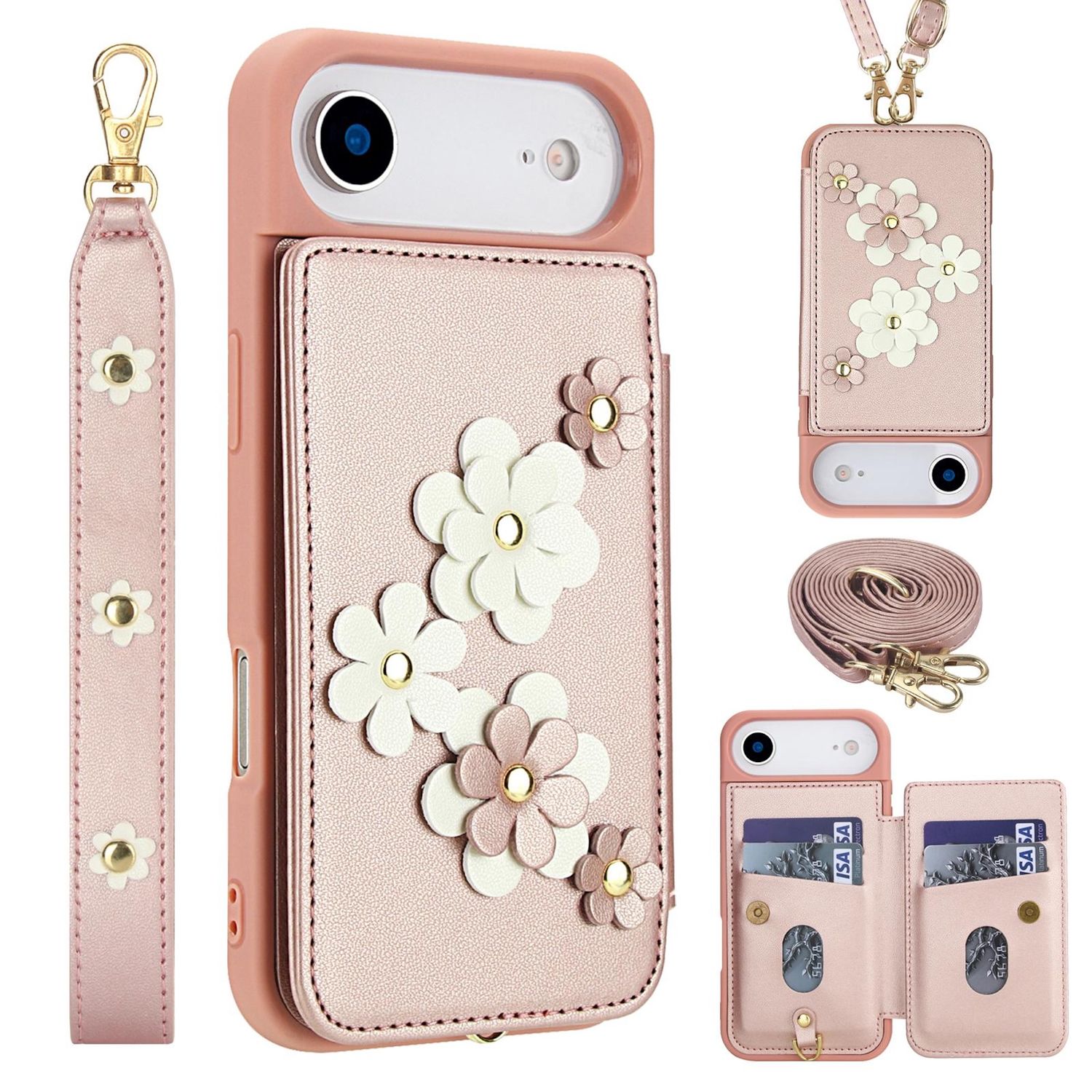 F&uuml;r Apple iPhone 17 Air Crossbody Kunstleder Blumen H&uuml;lle Rose Gold 
