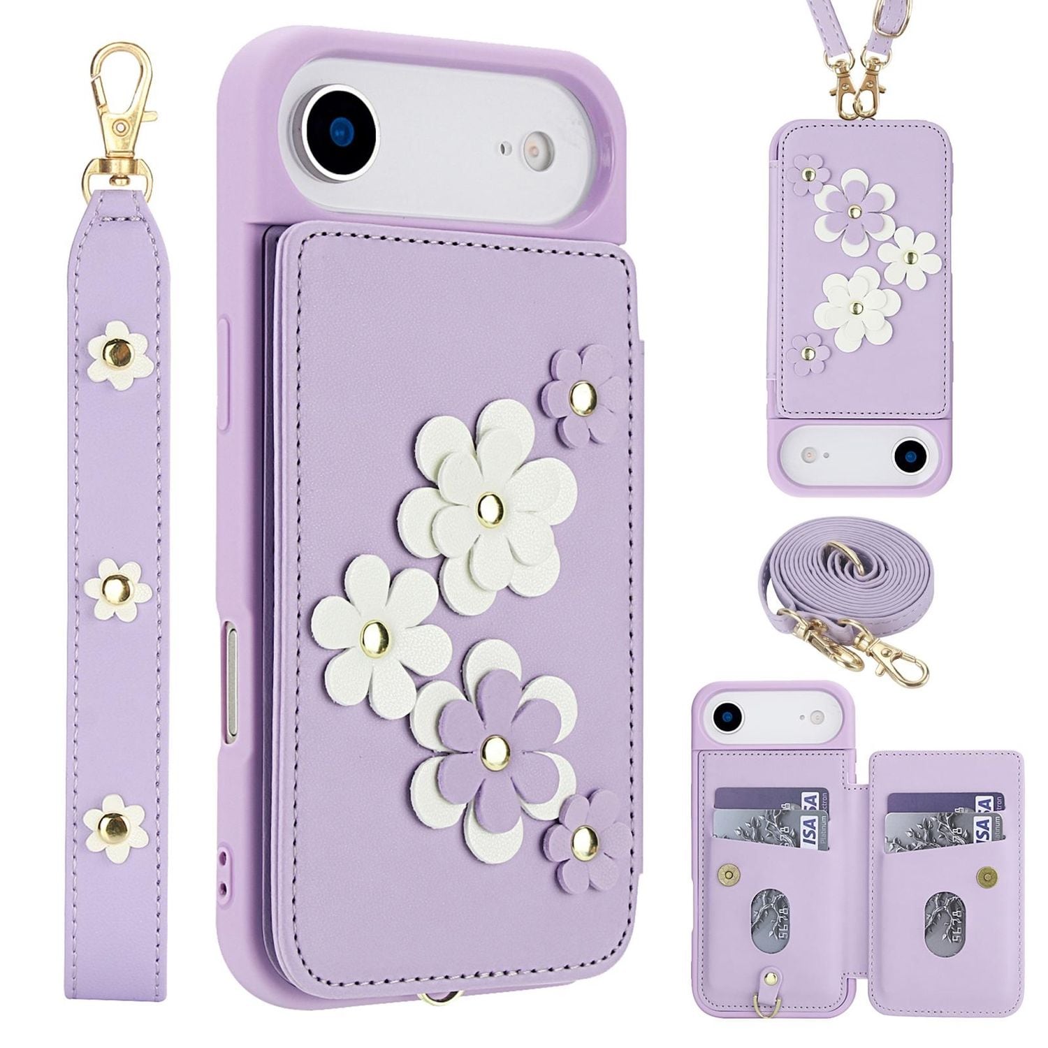F&uuml;r Apple iPhone 17 Air Crossbody Kunstleder Blumenmuster H&uuml;lle Lila 