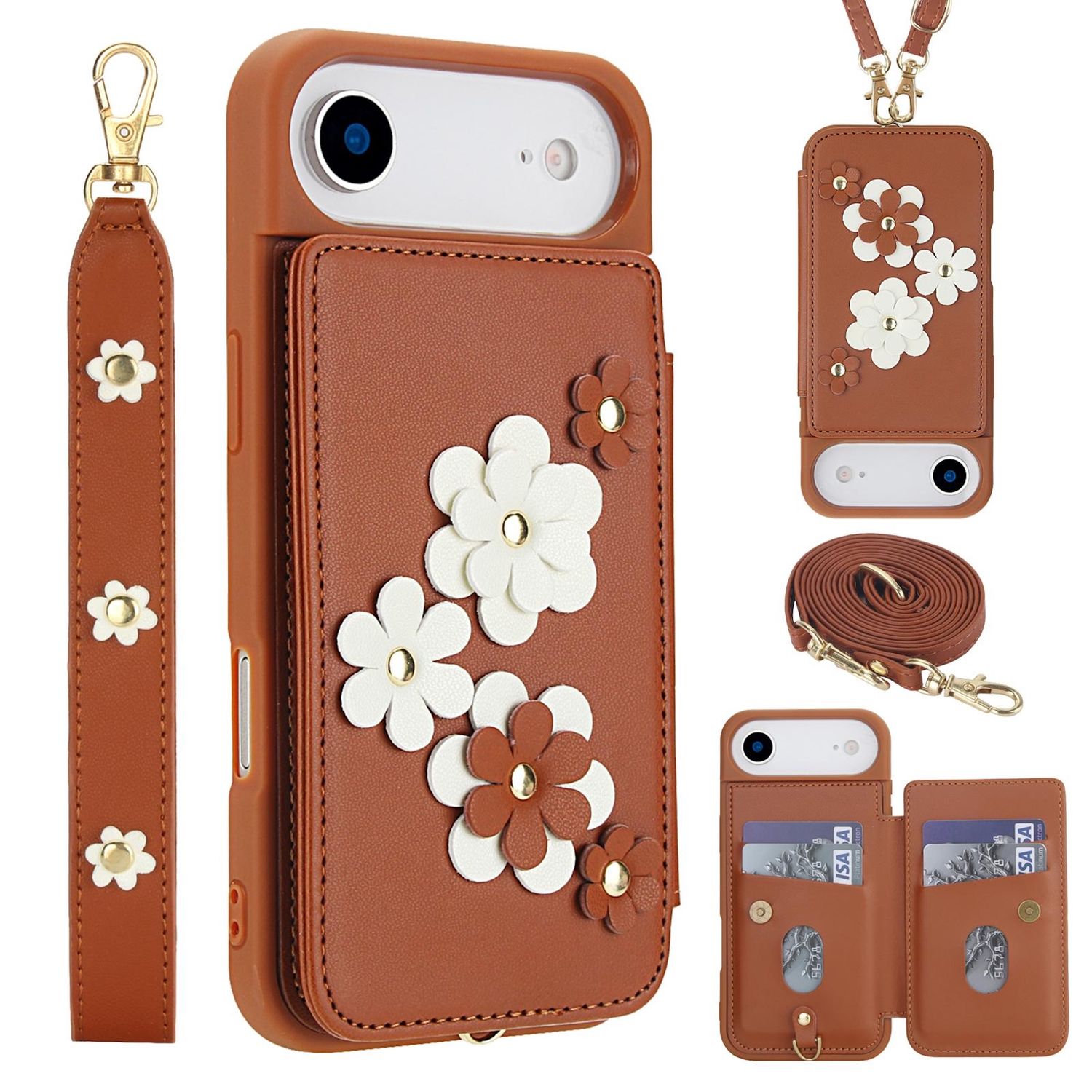 F&uuml;r Apple iPhone 17 Air Crossbody Kunstleder Blumenmuster H&uuml;lle Braun 