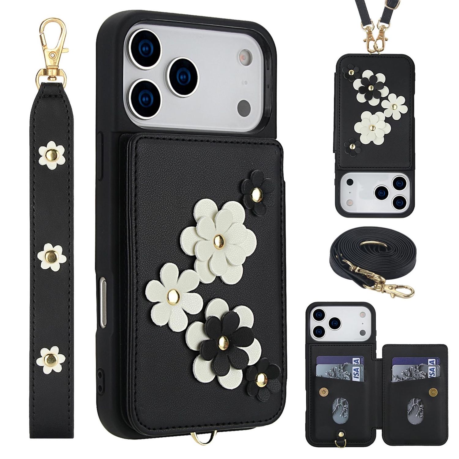 F&uuml;r Apple iPhone 17 Pro Max Crossbody Kunstleder Blumen H&uuml;lle Schwarz 
