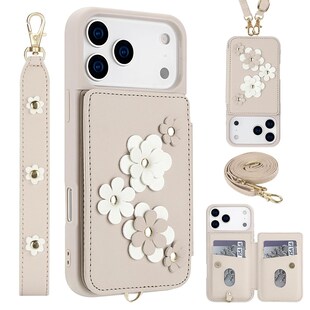Für Apple iPhone 17 Pro Max Crossbody Kunstleder Blumen Hülle Weiß 
