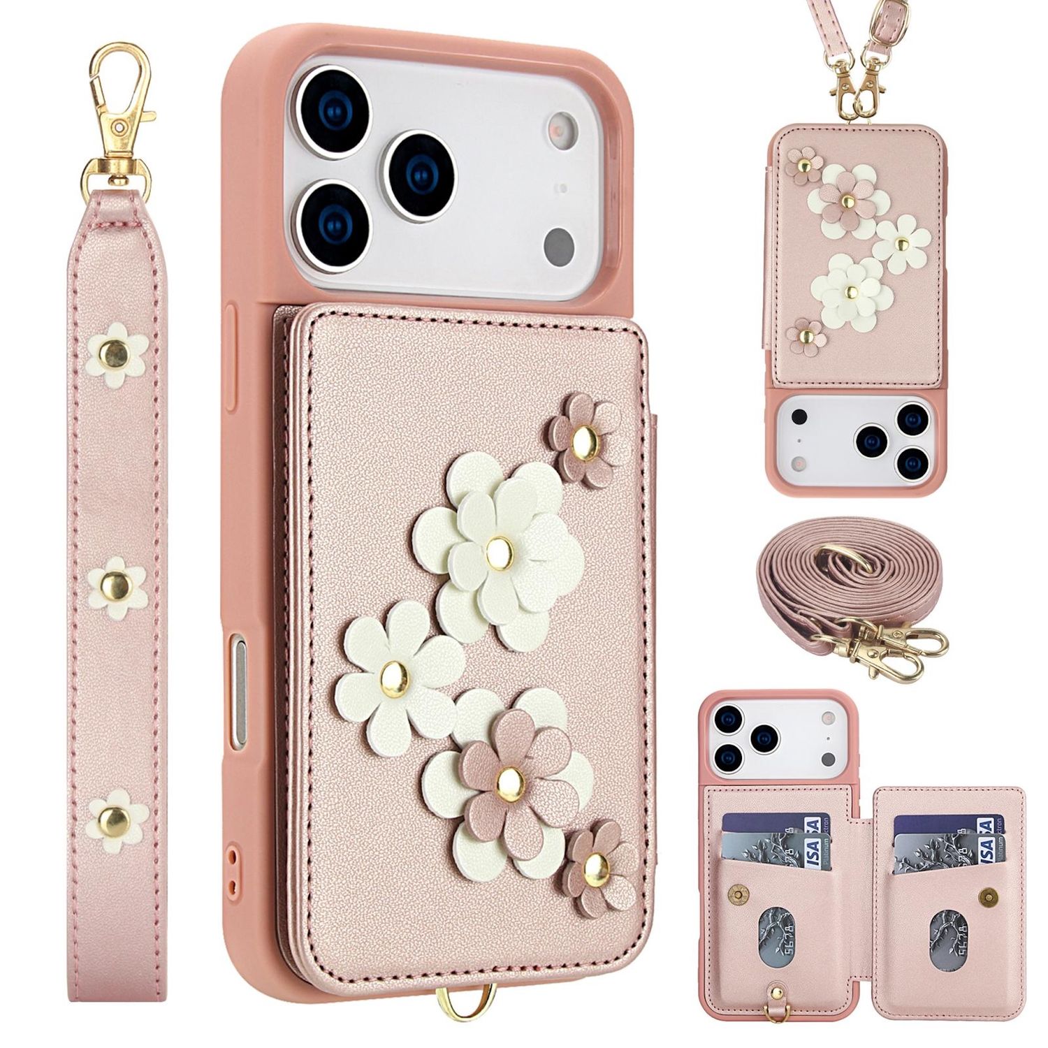 F&uuml;r Apple iPhone 17 Pro Max Crossbody Kunstleder Blume H&uuml;lle Rose Gold 