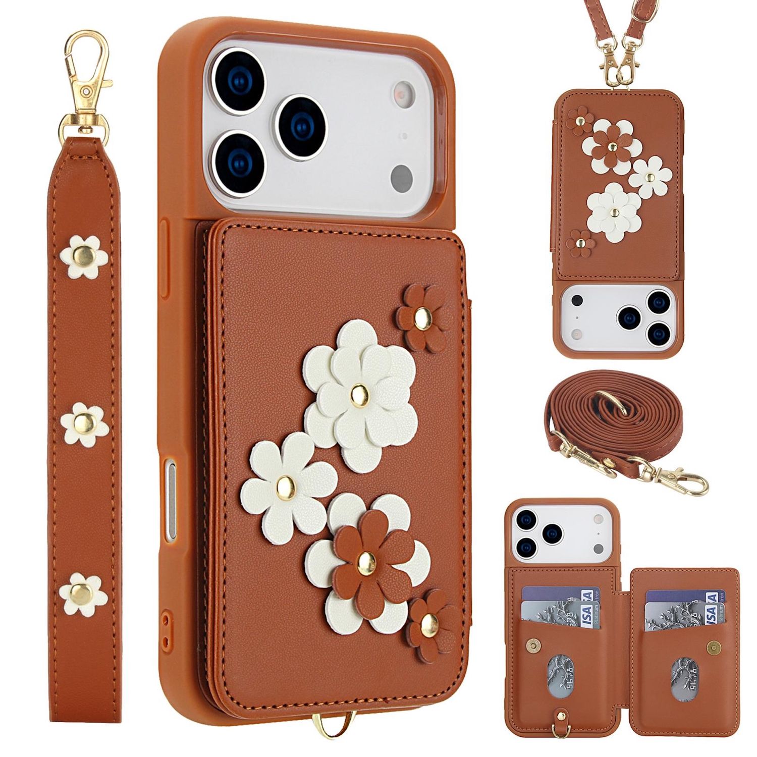 F&uuml;r Apple iPhone 17 Pro Max Crossbody Kunstleder Blumen H&uuml;lle Braun 