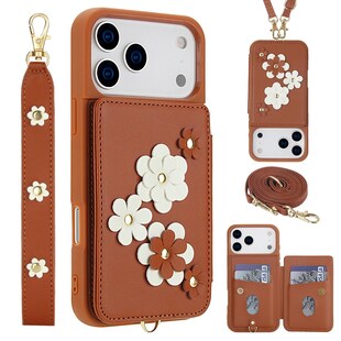 Für Apple iPhone 17 Pro Max Crossbody Kunstleder Blumen Hülle Braun 