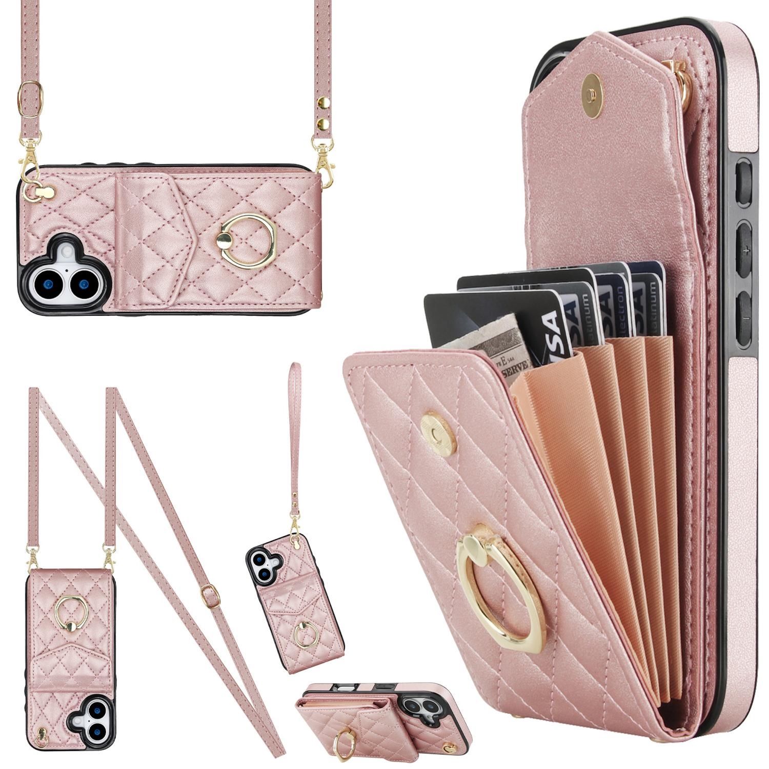 F&uuml;r Apple iPhone 17 Crossbody Kunstleder Rhombic H&uuml;lle Rose Gold 