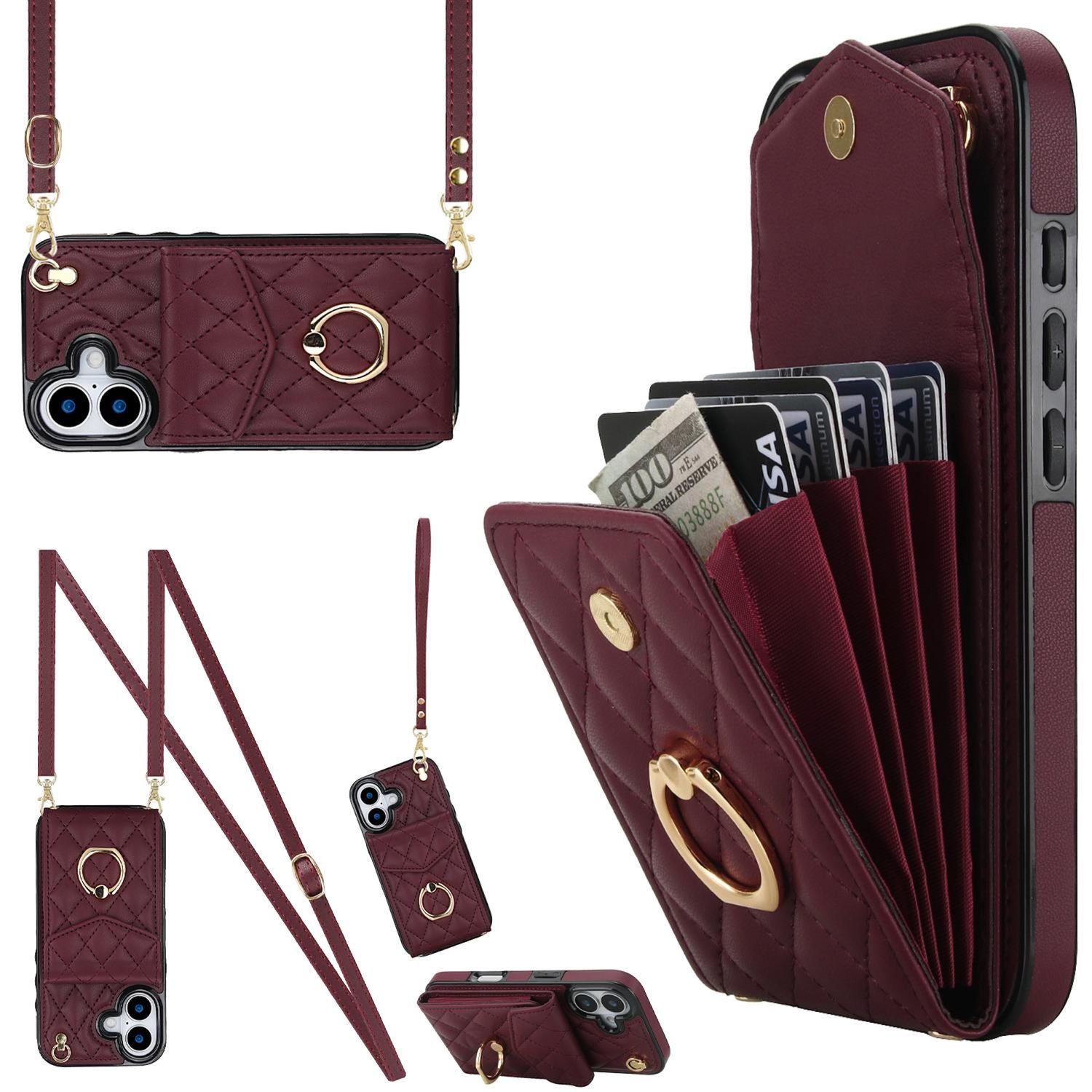 F&uuml;r Apple iPhone 17 Crossbody Kunstleder Rhombic Design H&uuml;lle Weinrot 
