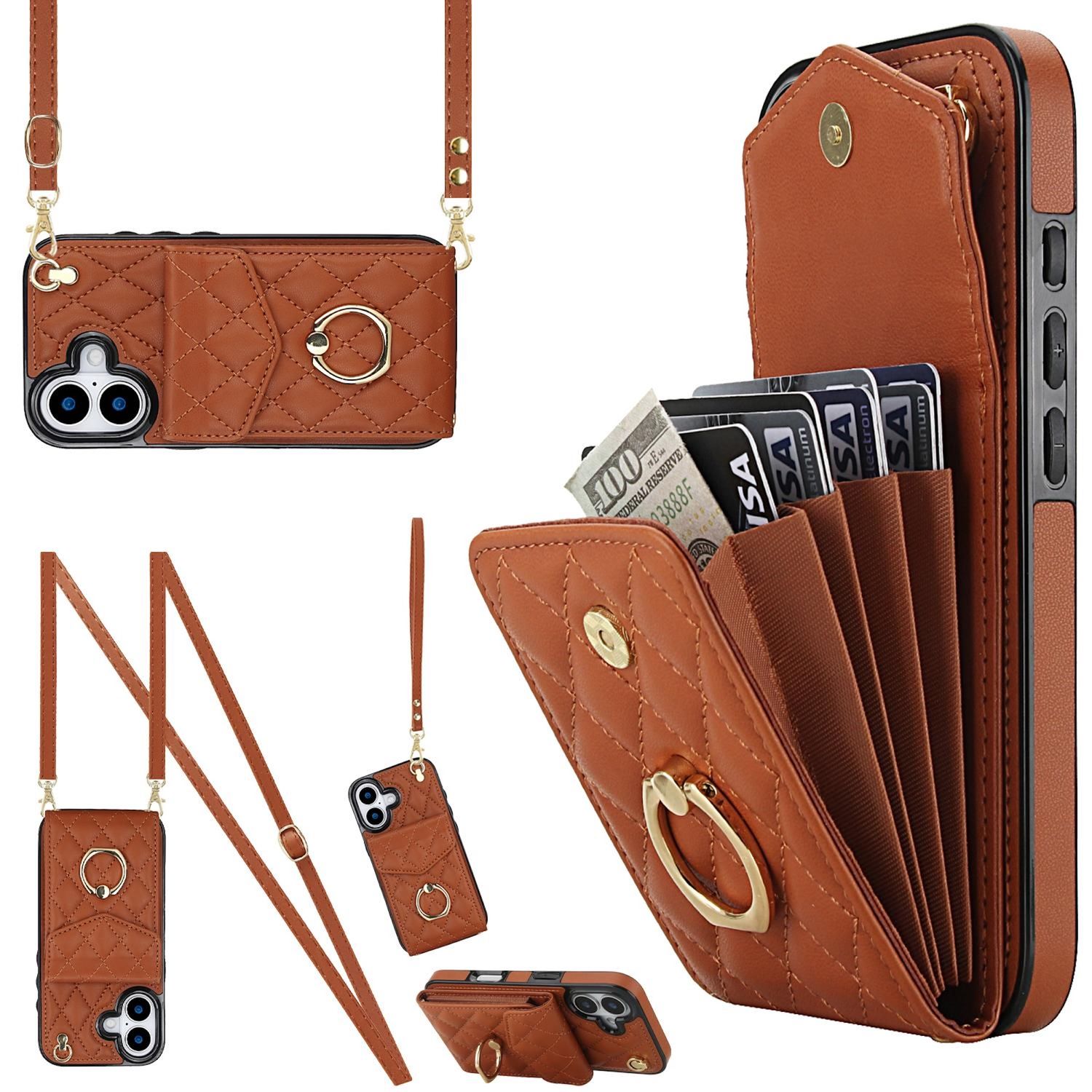 F&uuml;r Apple iPhone 17 Crossbody Kunstleder Rhombic Design H&uuml;lle Braun 