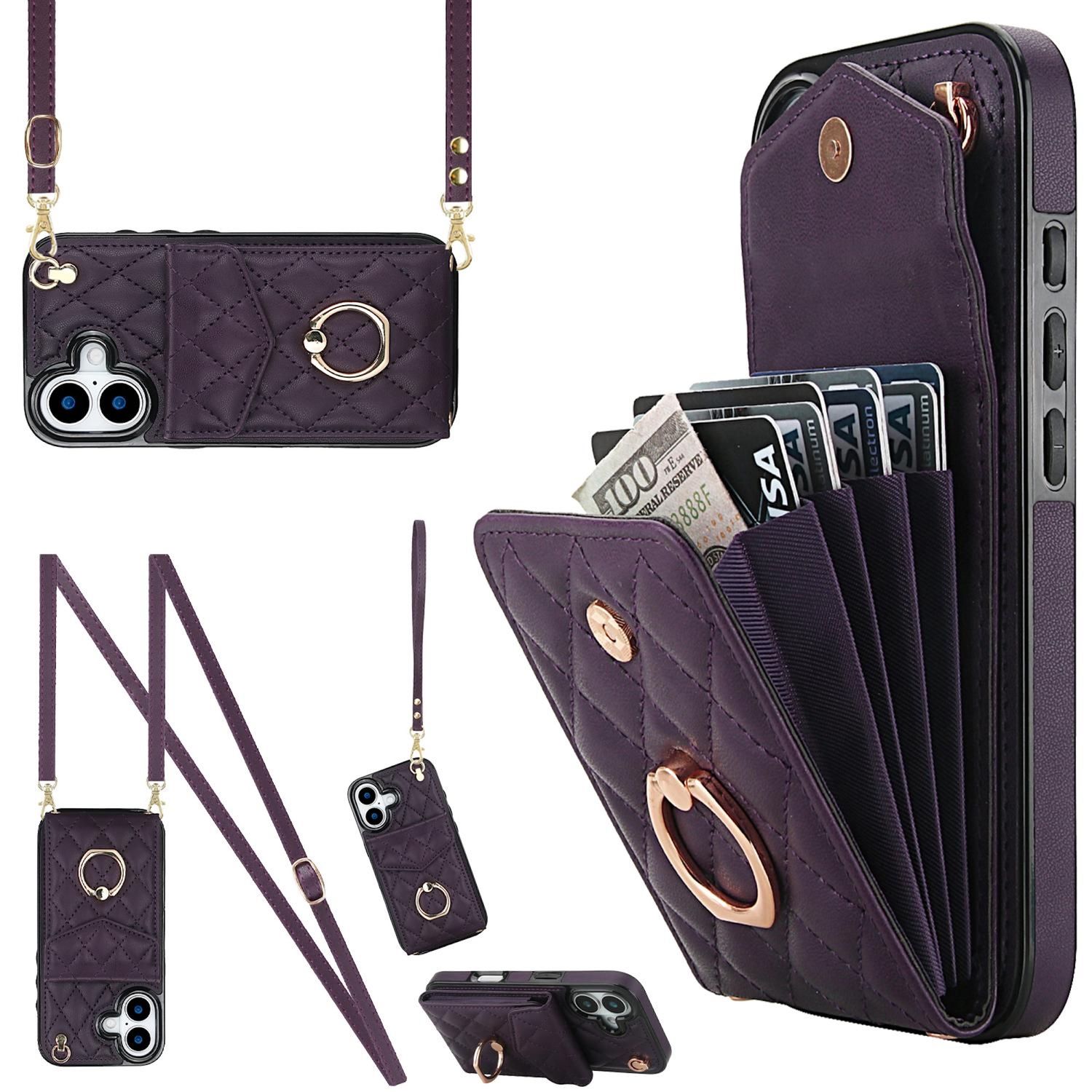 F&uuml;r Apple iPhone 17 Crossbody Kunstleder Rhombic Design H&uuml;lle Lila 