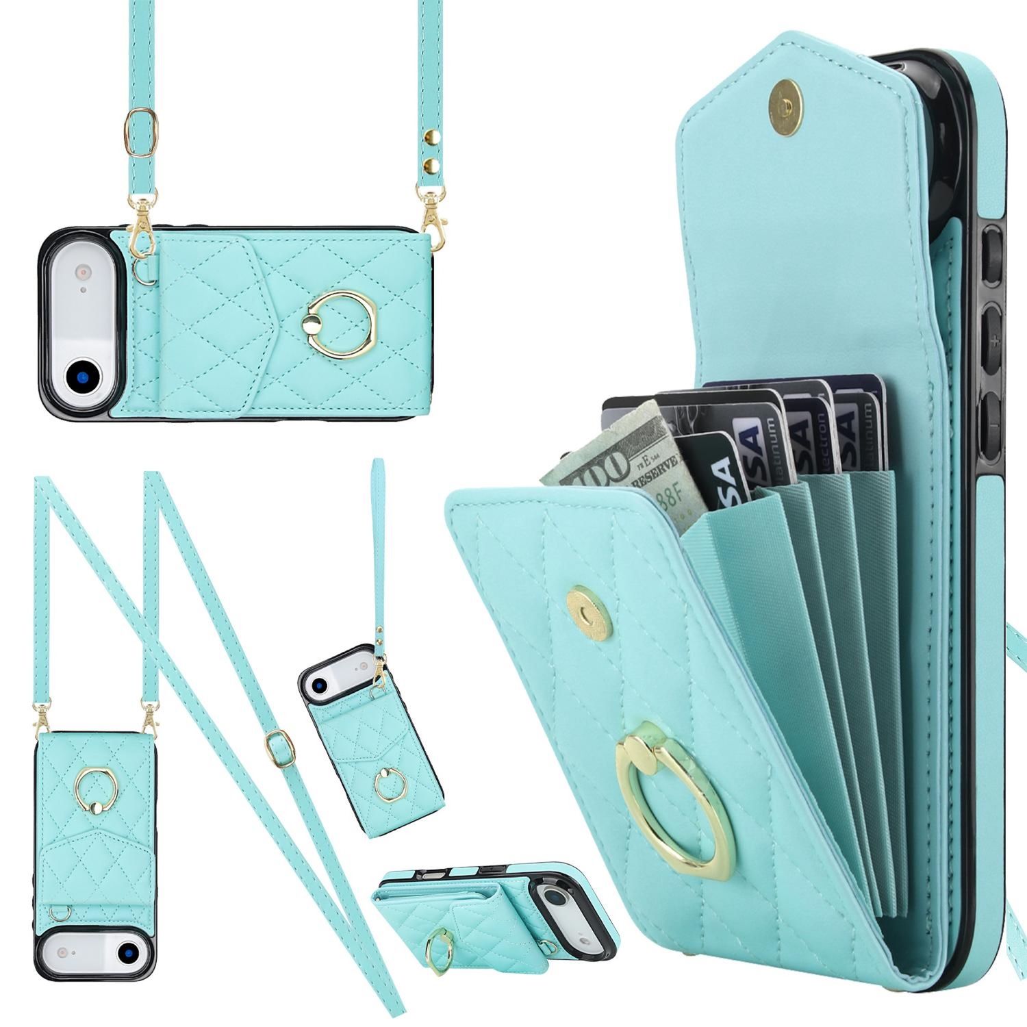 F&uuml;r Apple iPhone 17 Air Crossbody Kunstleder Rhombic H&uuml;lle T&uuml;rkis 