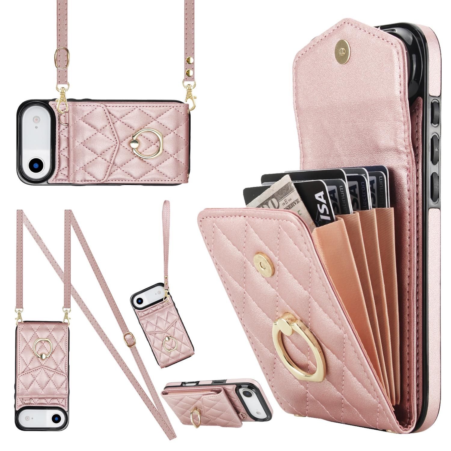 F&uuml;r Apple iPhone 17 Air Crossbody Kunstleder Rhombic H&uuml;lle Rose Gold 