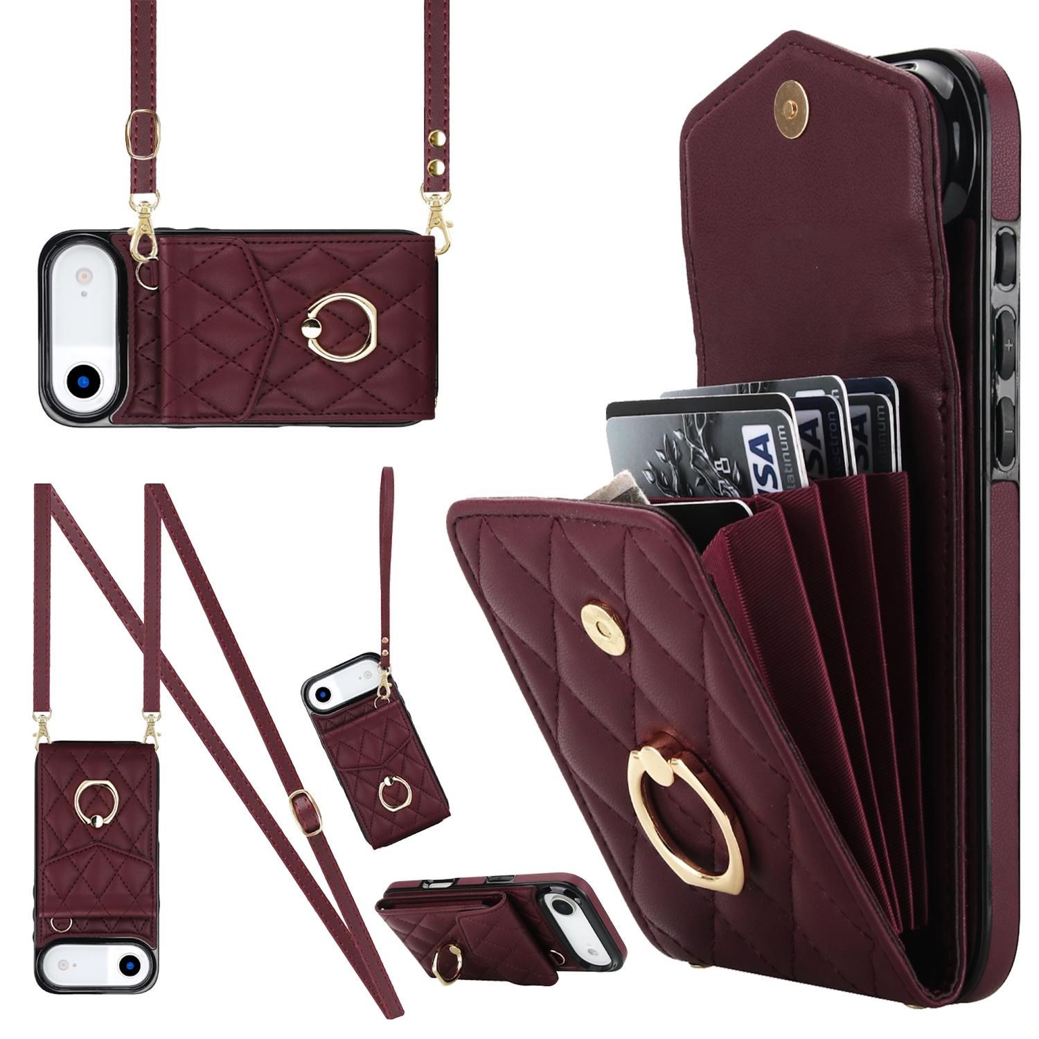 F&uuml;r Apple iPhone 17 Air Crossbody Kunstleder Rhombic H&uuml;lle Weinrot 
