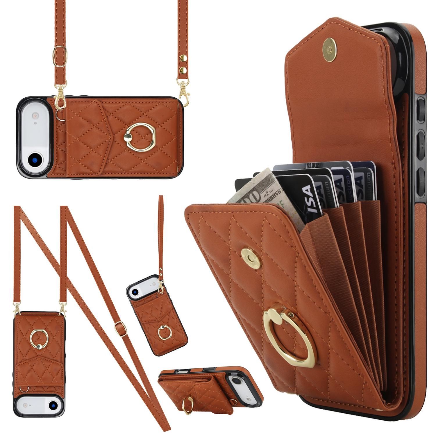 F&uuml;r Apple iPhone 17 Air Crossbody Kunstleder Rhombic H&uuml;lle Braun 
