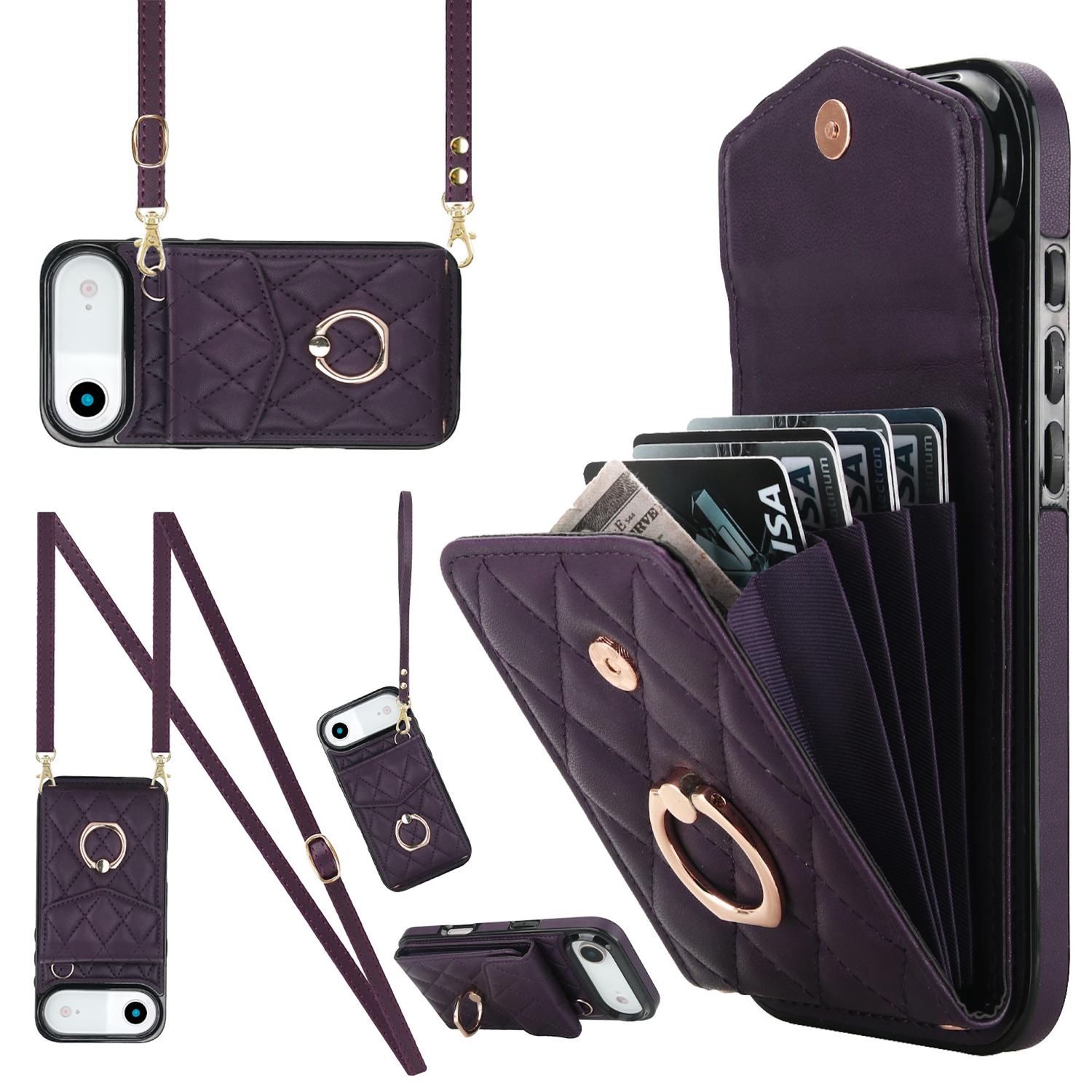 F&uuml;r Apple iPhone 17 Air Crossbody Kunstleder Rhombic Design H&uuml;lle Lila 