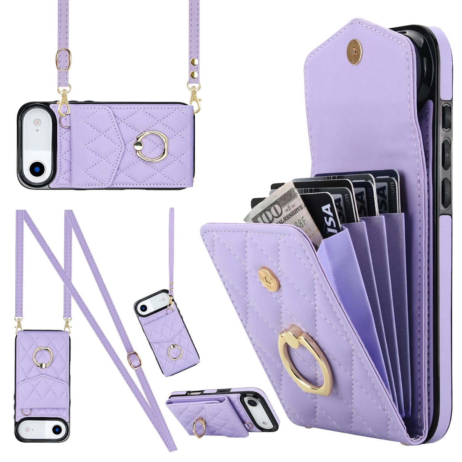 F&uuml;r Apple iPhone 17 Air Crossbody Kunstleder Rhombic H&uuml;lle Hell-Lila 