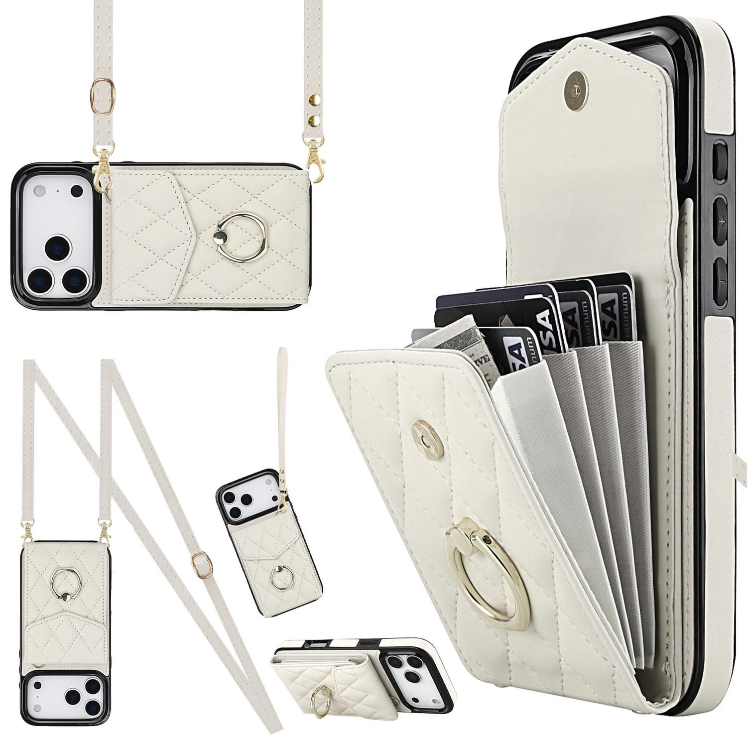 F&uuml;r Apple iPhone 17 Pro Crossbody Kunstleder Rhombic Design H&uuml;lle Wei&szlig; 