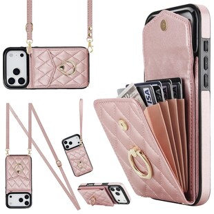 Für Apple iPhone 17 Pro Crossbody Kunstleder Rhombic Hülle Rose Gold 