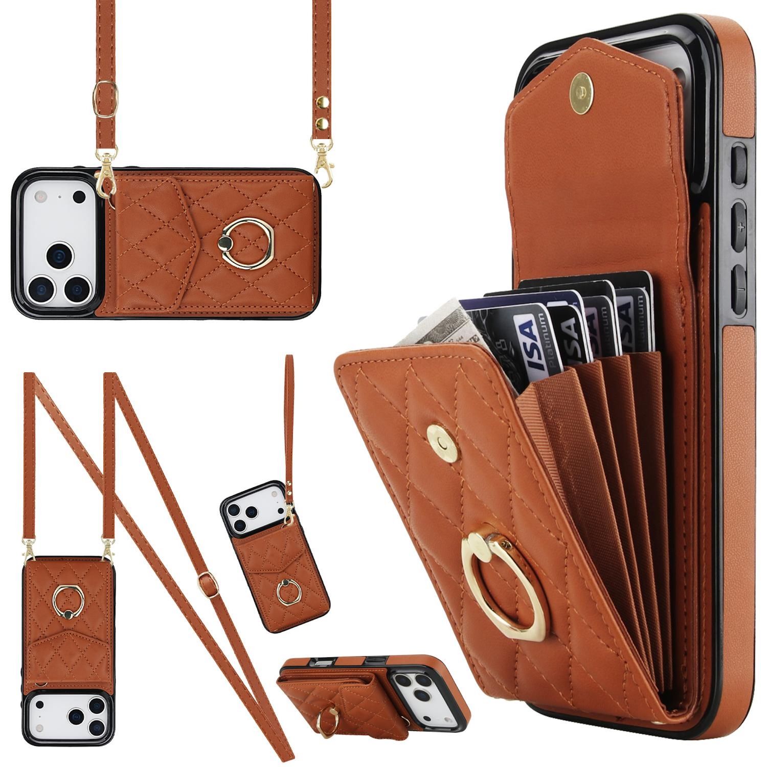 F&uuml;r Apple iPhone 17 Pro Crossbody Kunstleder Rhombic H&uuml;lle Braun 