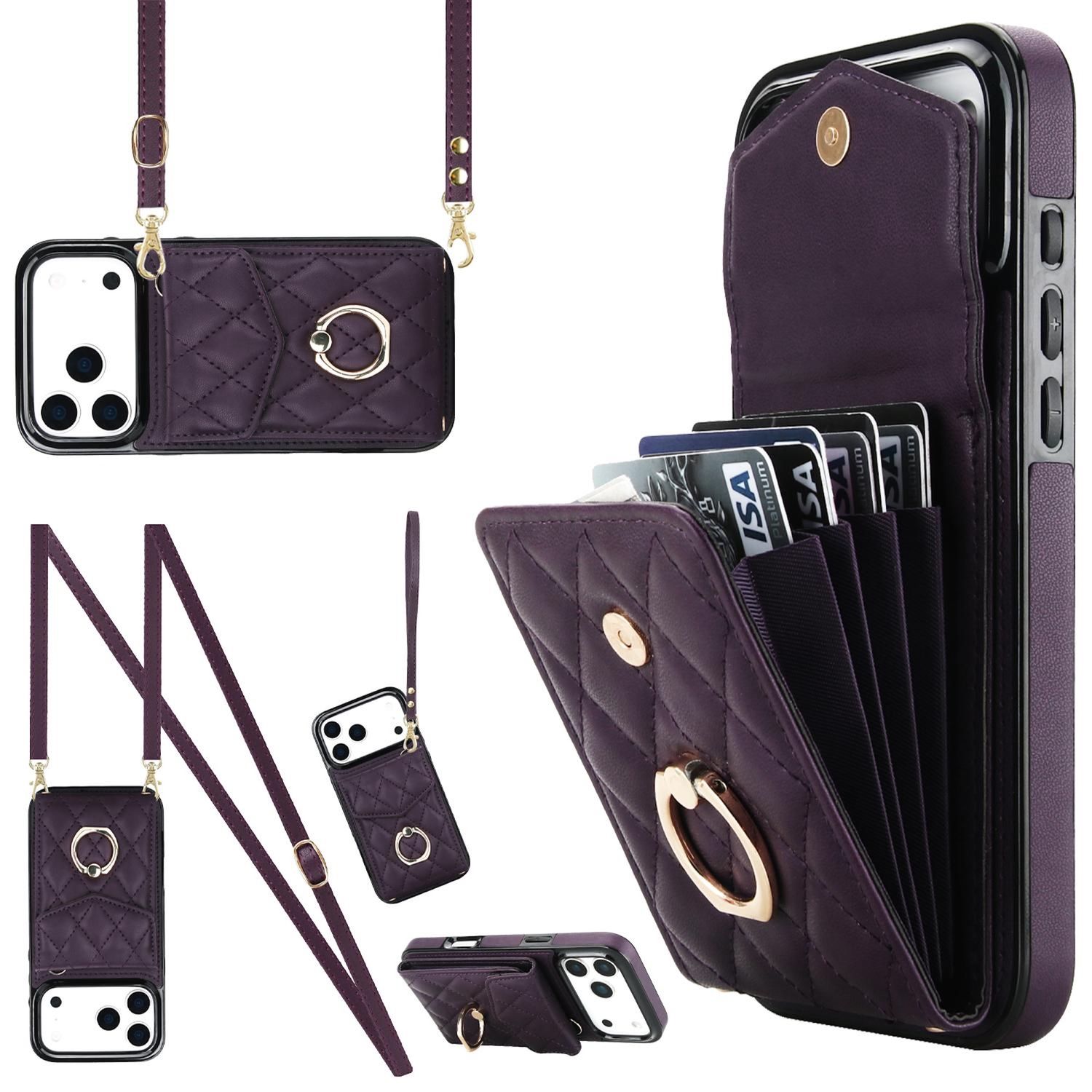 F&uuml;r Apple iPhone 17 Pro Crossbody Kunstleder Rhombic Design H&uuml;lle Lila 