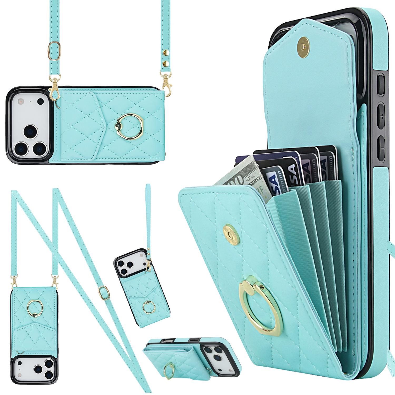 F&uuml;r Apple iPhone 17 Pro Max Crossbody Kunstleder Rhombic H&uuml;lle T&uuml;rkis 