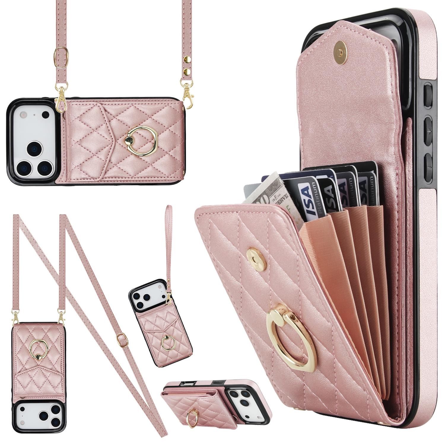 F&uuml;r Apple iPhone 17 Pro Max Crossbody Kunstleder H&uuml;lle Rose Gold 