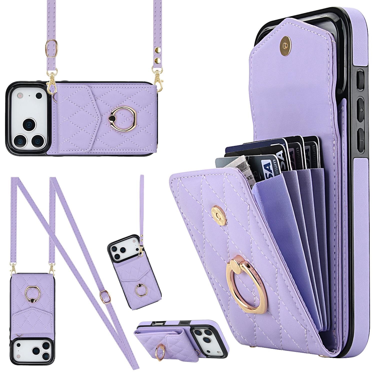 F&uuml;r Apple iPhone 17 Pro Max Crossbody Kunstleder Rhombic H&uuml;lle H-Lila 