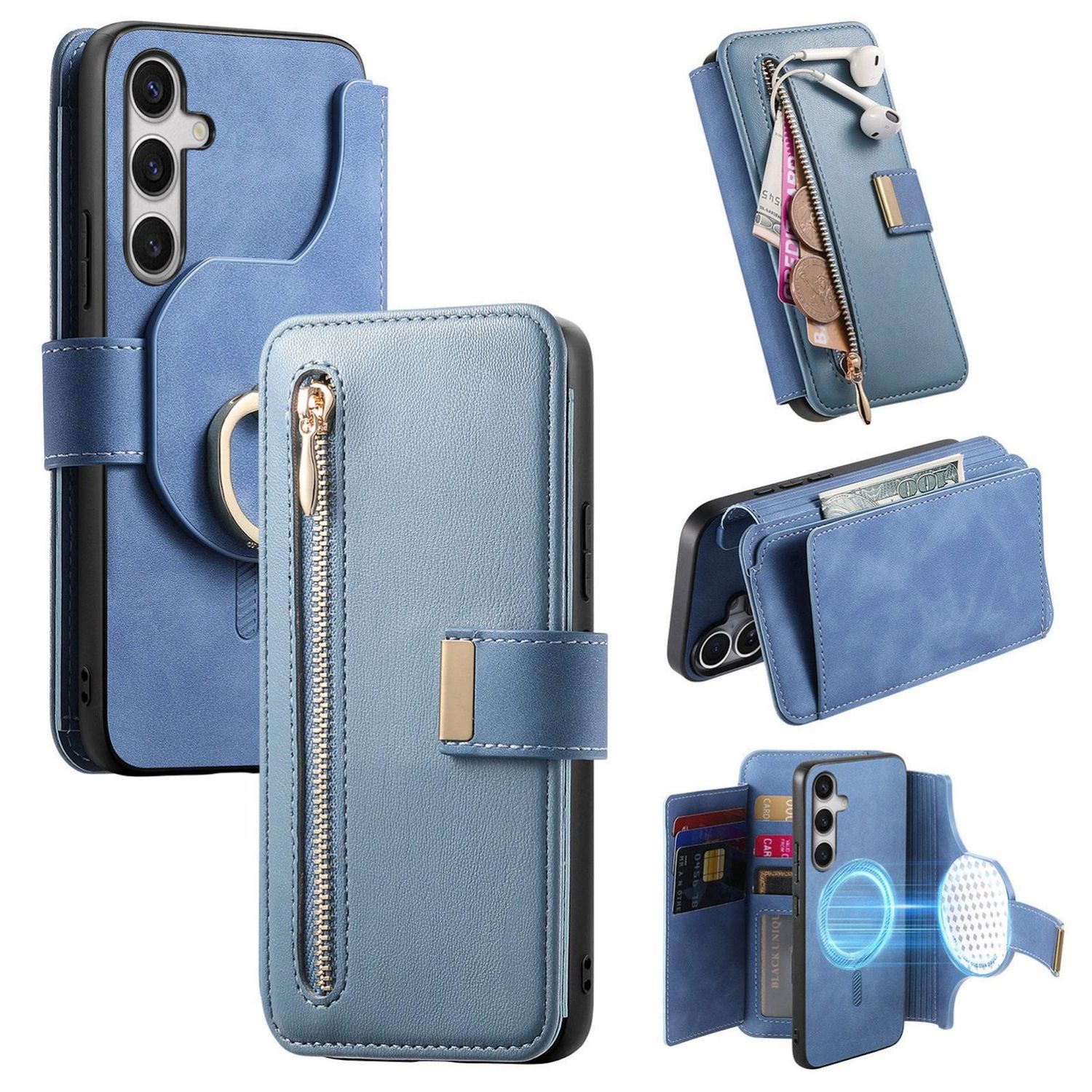 F&uuml;r Samsung Galaxy S25 FE 5G MagSafe Kunstleder Wallet H&uuml;lle Blau 