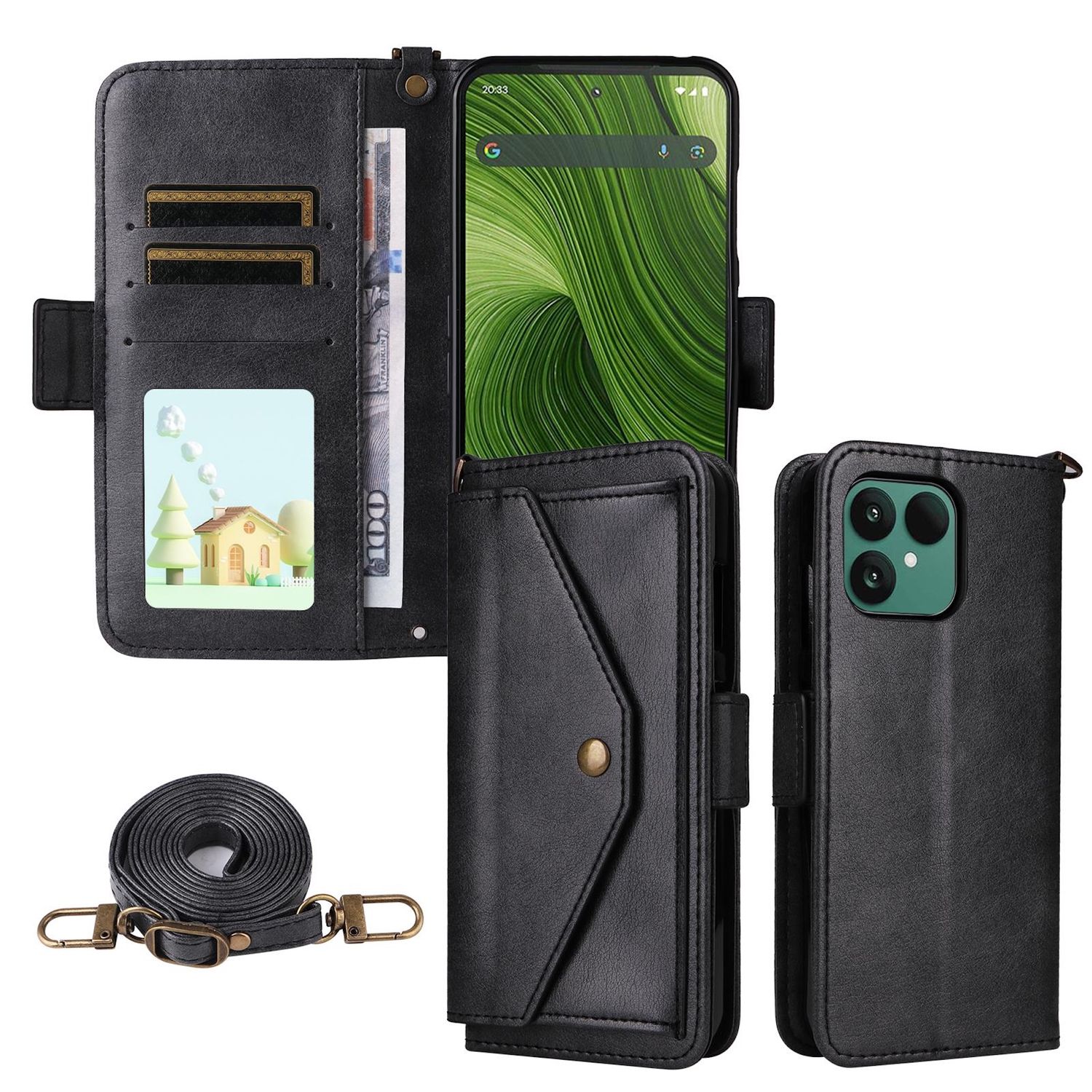 F&uuml;r Fairphone 6 Crossbody Echtleder Kartenfach Schutz H&uuml;lle Schwarz 