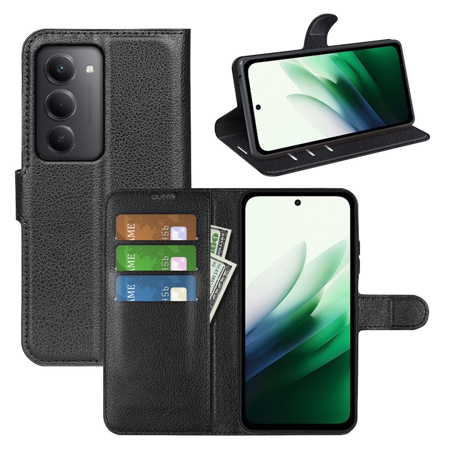 F&uuml;r Xiaomi Redmi 15 5G Kunstleder Book Wallet Tasche H&uuml;lle Schwarz 