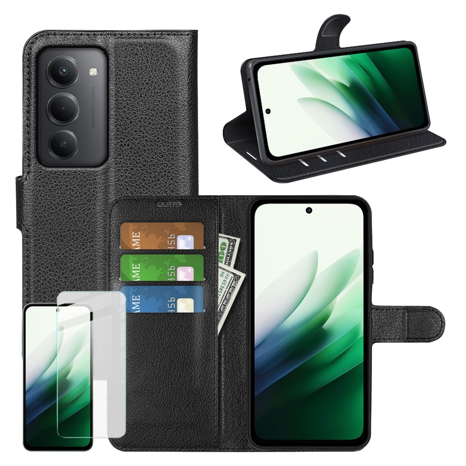 F&uuml;r Xiaomi Redmi 15 5G Kunstleder Wallet H&uuml;lle Schwarz + 9H Hart Glas 