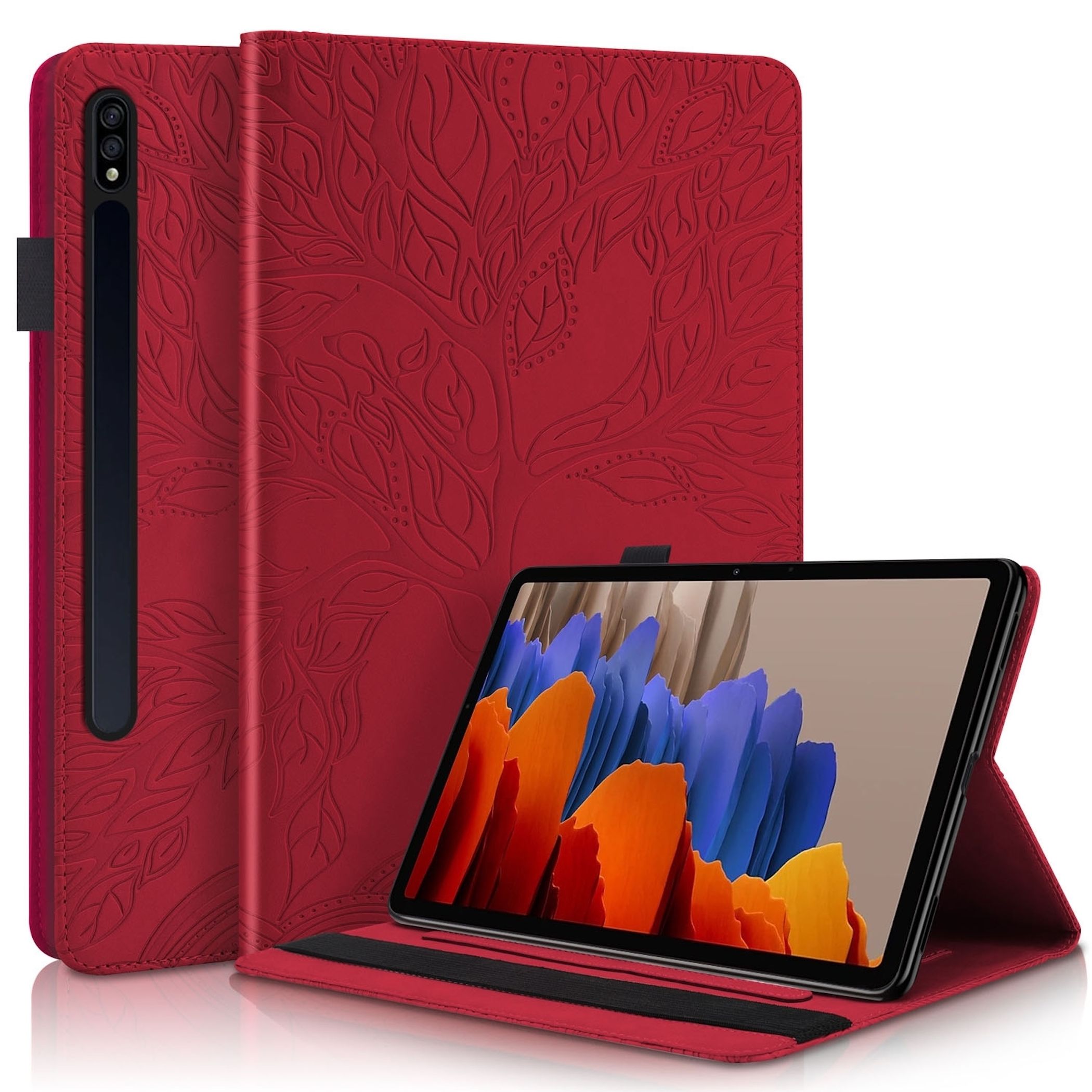 F&uuml;r Samsung Galaxy Tab S10 Lite / S10 FE Baum Kunstleder Tasche Rot 