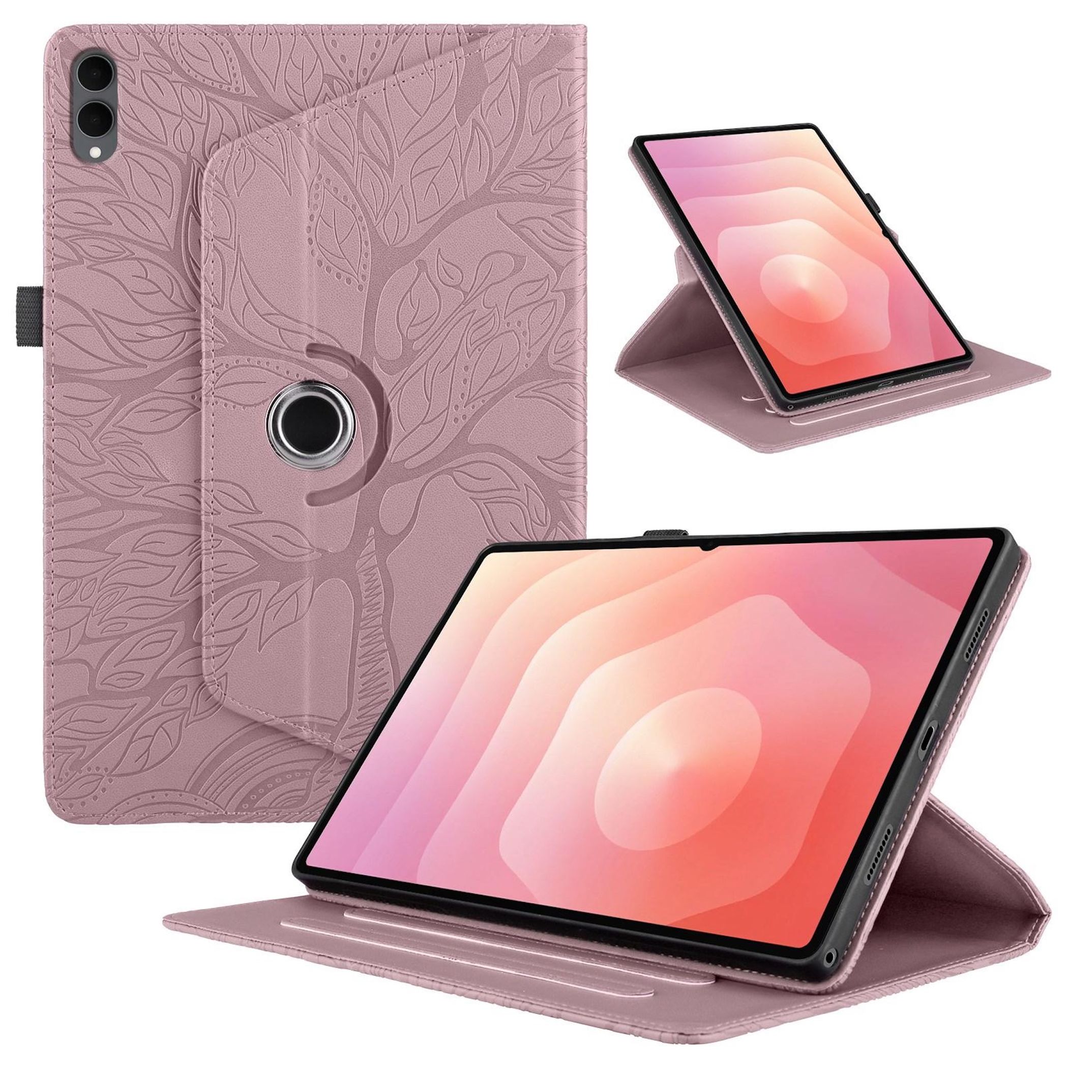 F&uuml;r Samsung Galaxy Tab S11 Ultra 360 Grad Baum Kunstleder Tasche Pink 