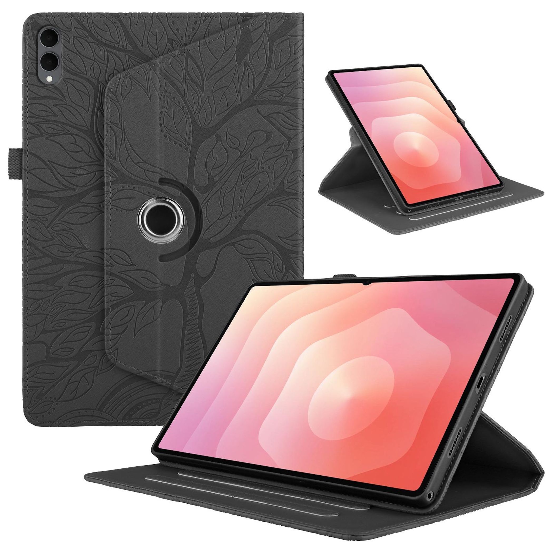 F&uuml;r Samsung Galaxy Tab S11 Ultra 360 Baum Kunstleder Tasche Schwarz 