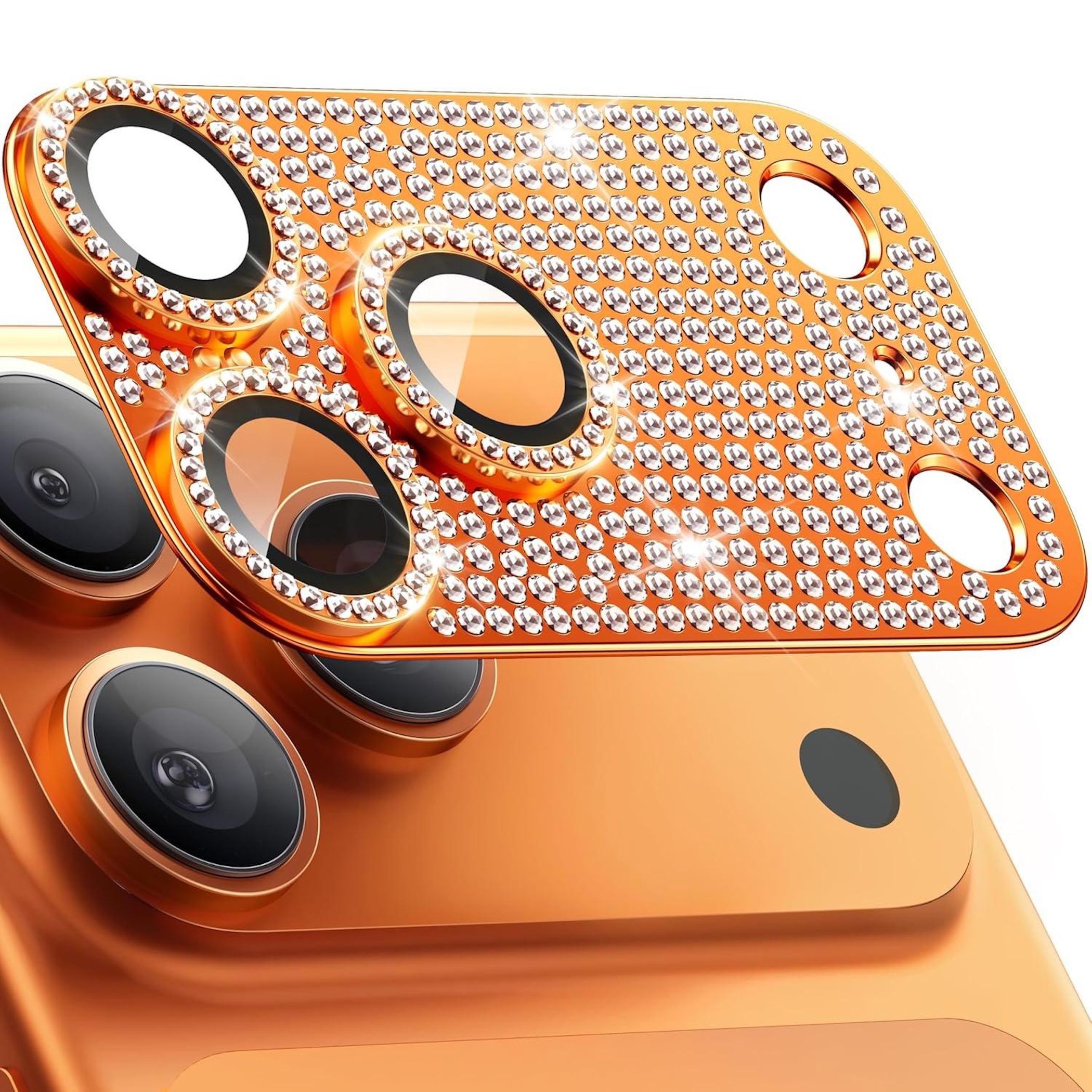 F&uuml;r Apple iPhone 17 Pro Kamera Diamant Design Schutz Metall Orange 