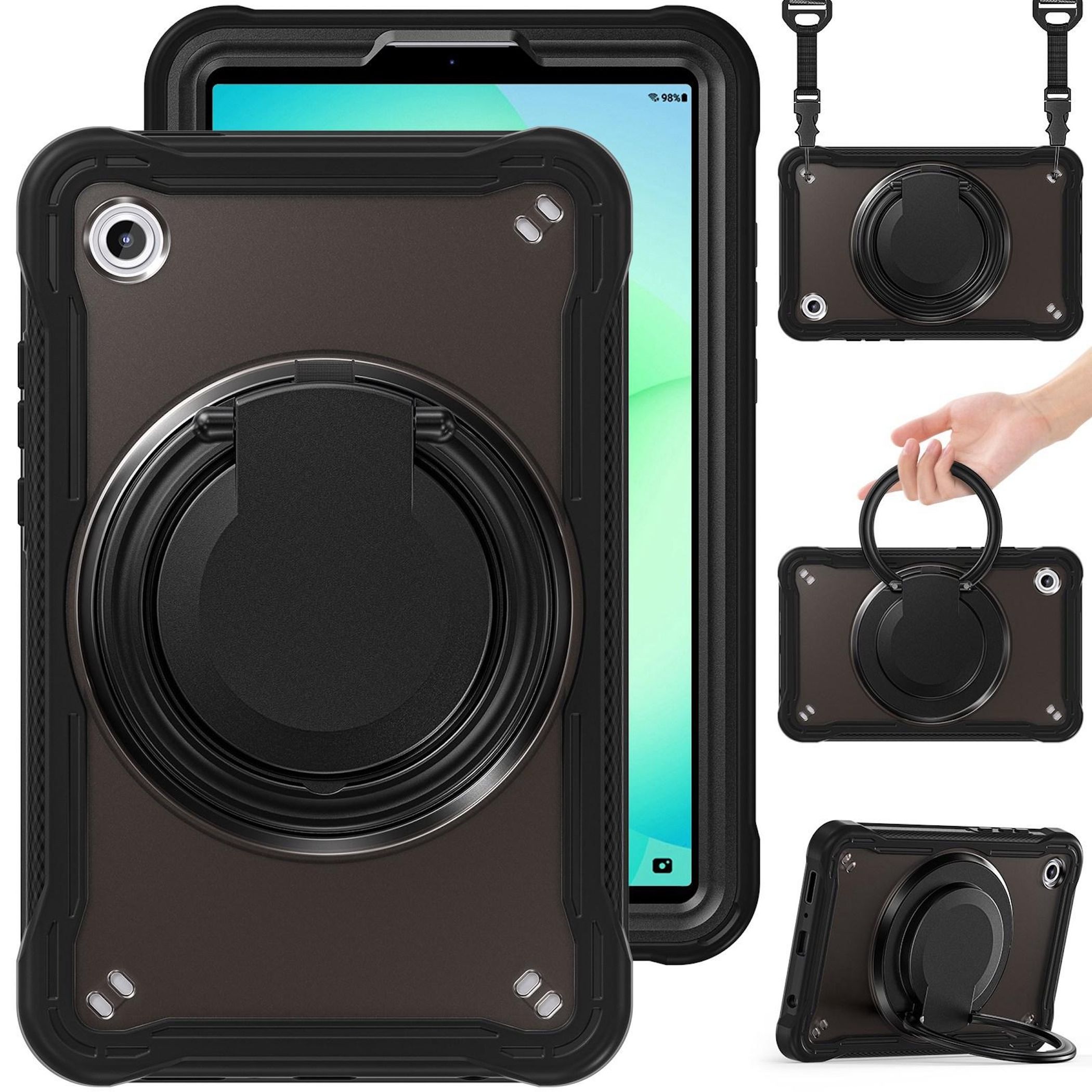 F&uuml;r Samsung Galaxy Tab A11 Hybrid Ringgriff Schutz H&uuml;lle Schwarz 