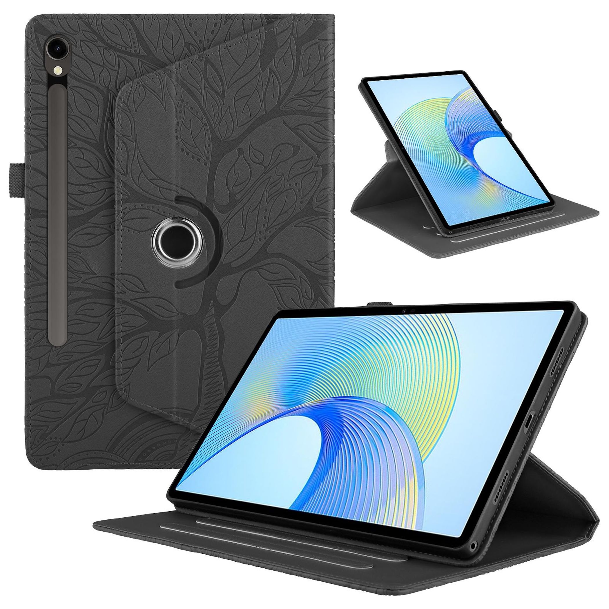 F&uuml;r Samsung Galaxy Tab S10 FE Plus 360 Baum Kunstleder Tasche Schwarz 