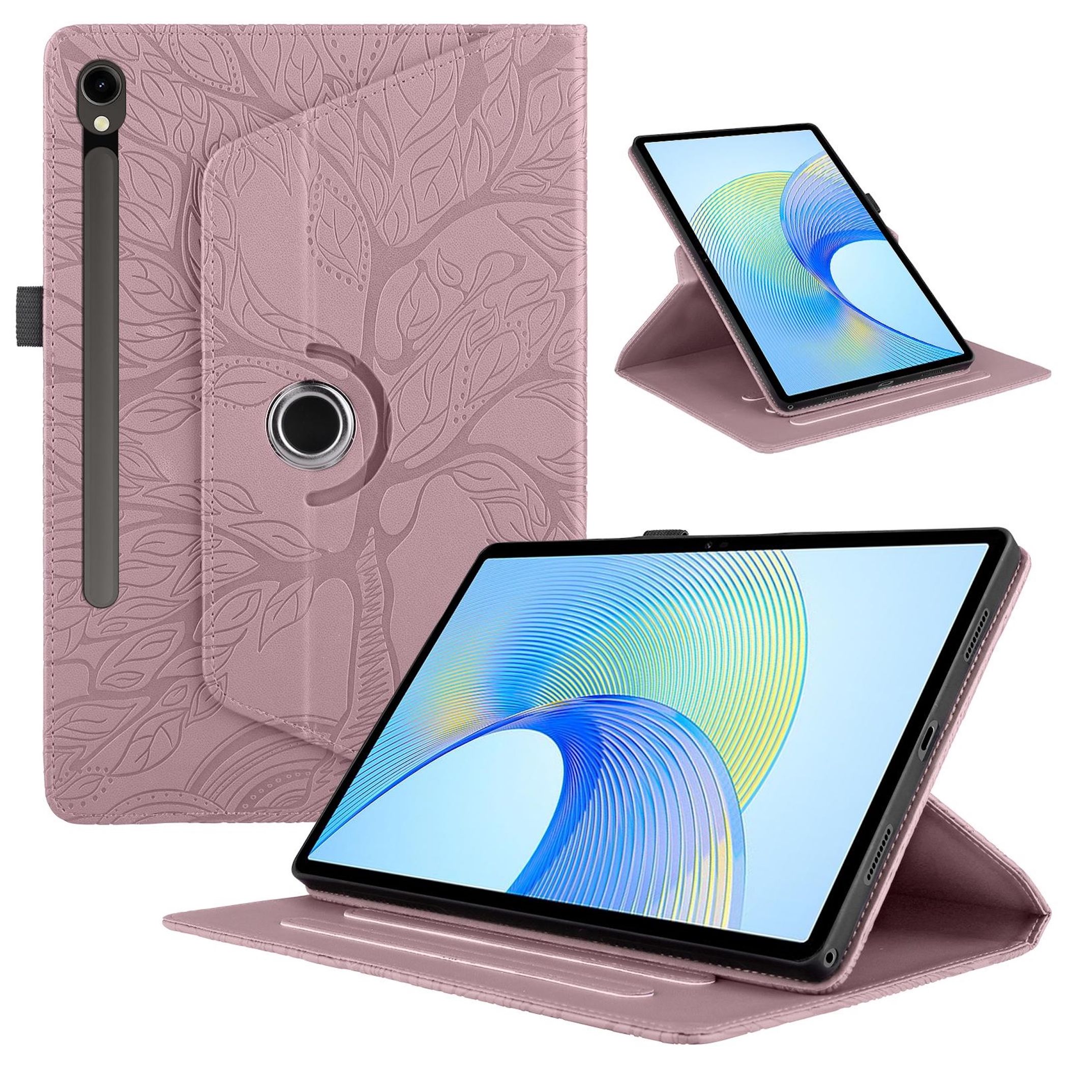 F&uuml;r Samsung Galaxy Tab S10 FE Plus 360 Baum Kunstleder Tasche Pink 