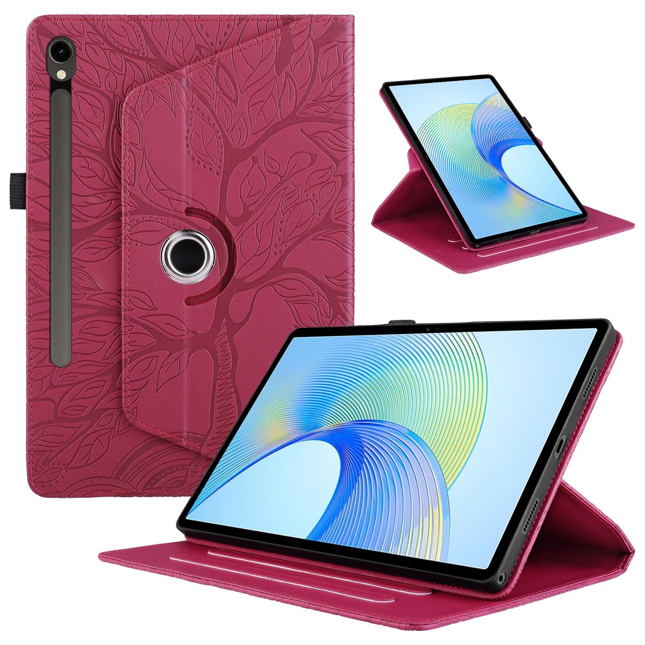 F&uuml;r Samsung Galaxy Tab S10 FE Plus 360 Baum Kunstleder Tasche Rot 